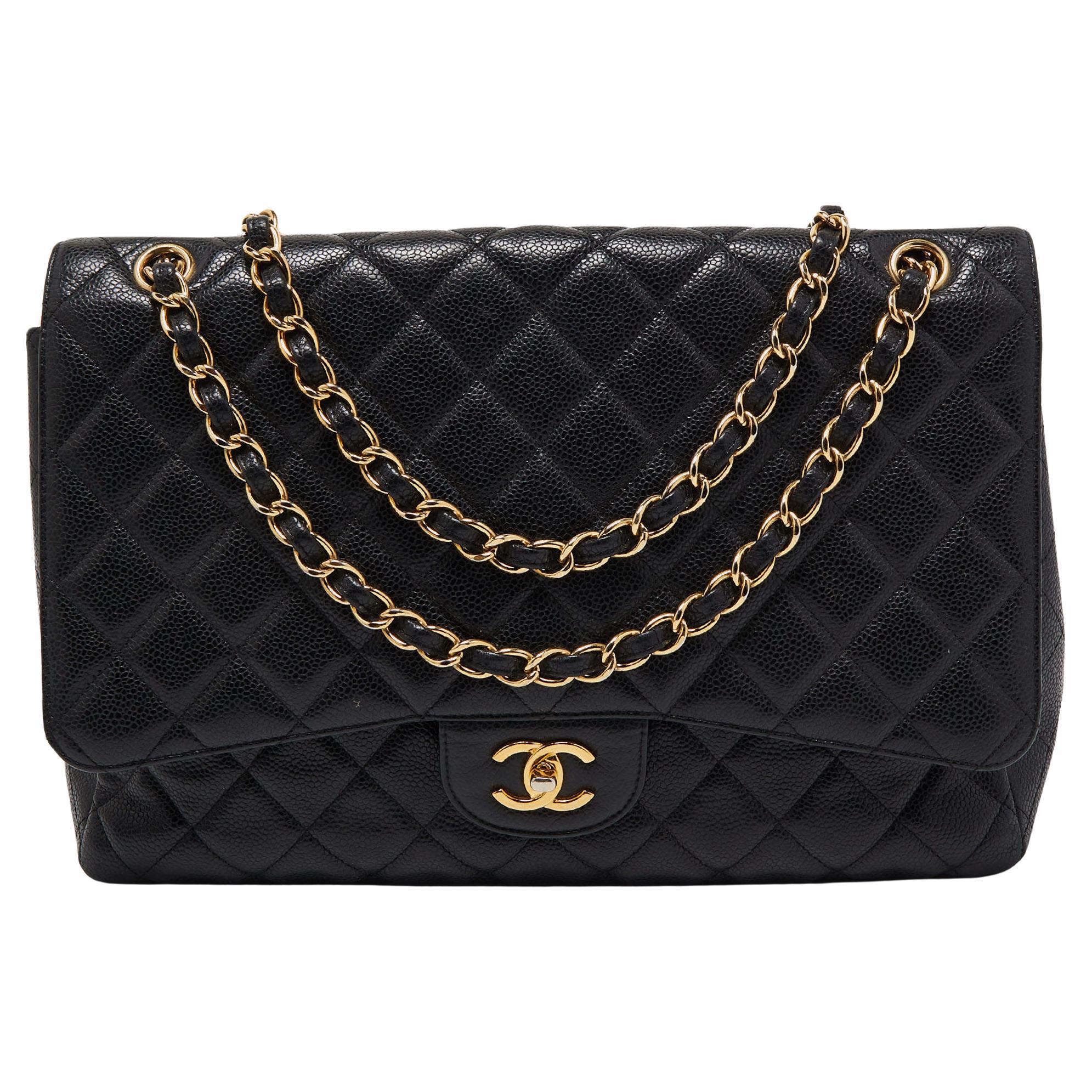 Chanel Black Quilted Caviar Leather Maxi Classic Single Flap Bag For Sale