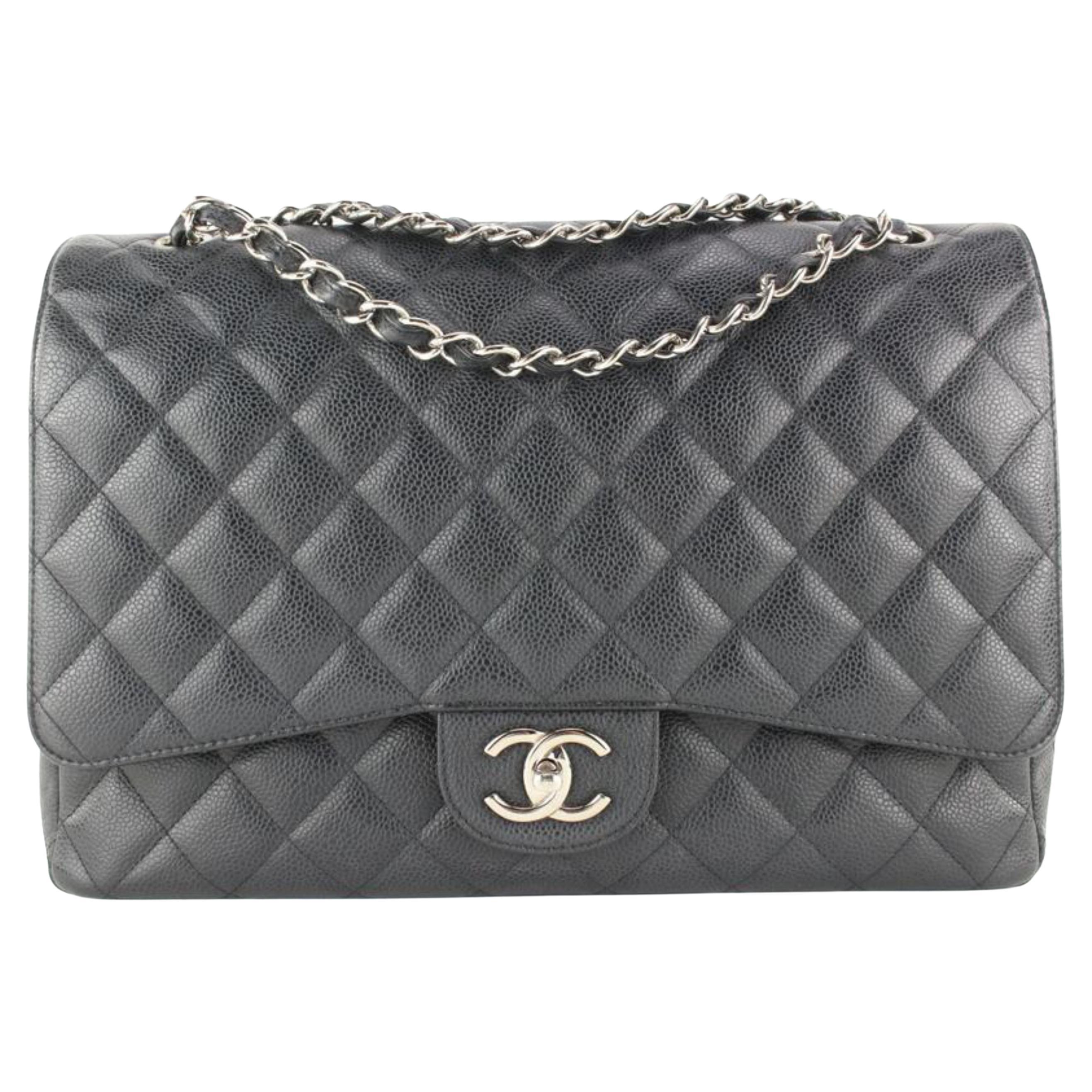 Chanel Black Quilted Caviar Leather Maxi Double Flap SHW 1CJ1028