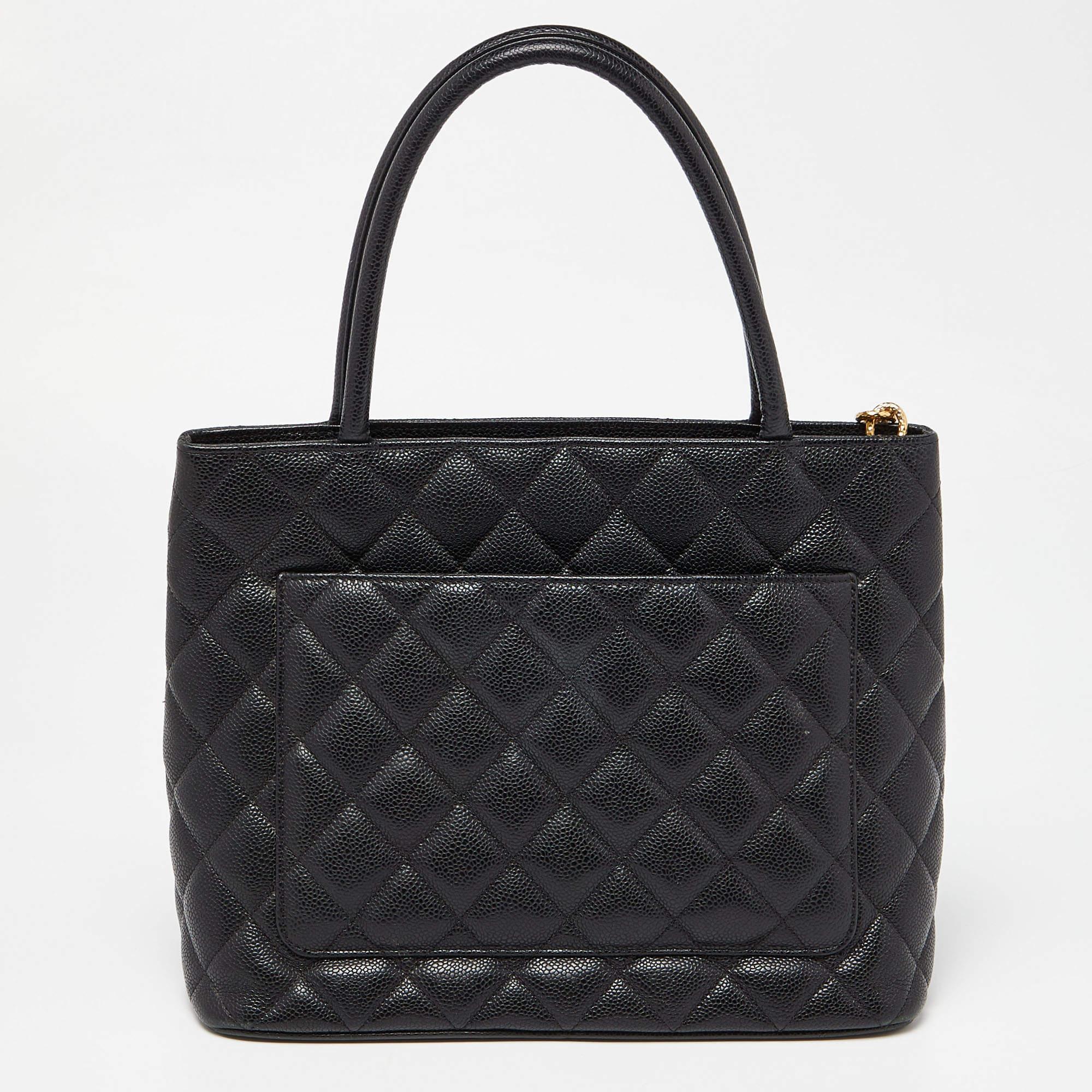 Chanel Black Quilted Caviar Leather Medallion Bag 6
