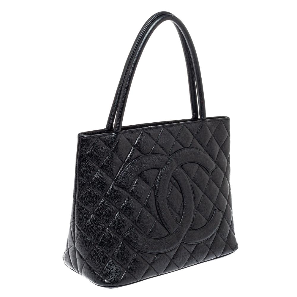 Women's Chanel Black Quilted Caviar Leather Medallion Tote