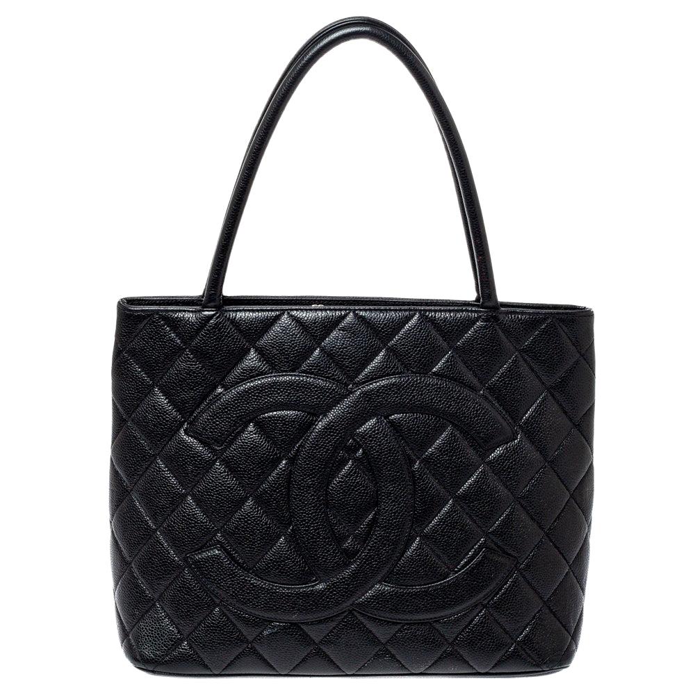 Chanel Black Quilted Caviar Leather Medallion Tote