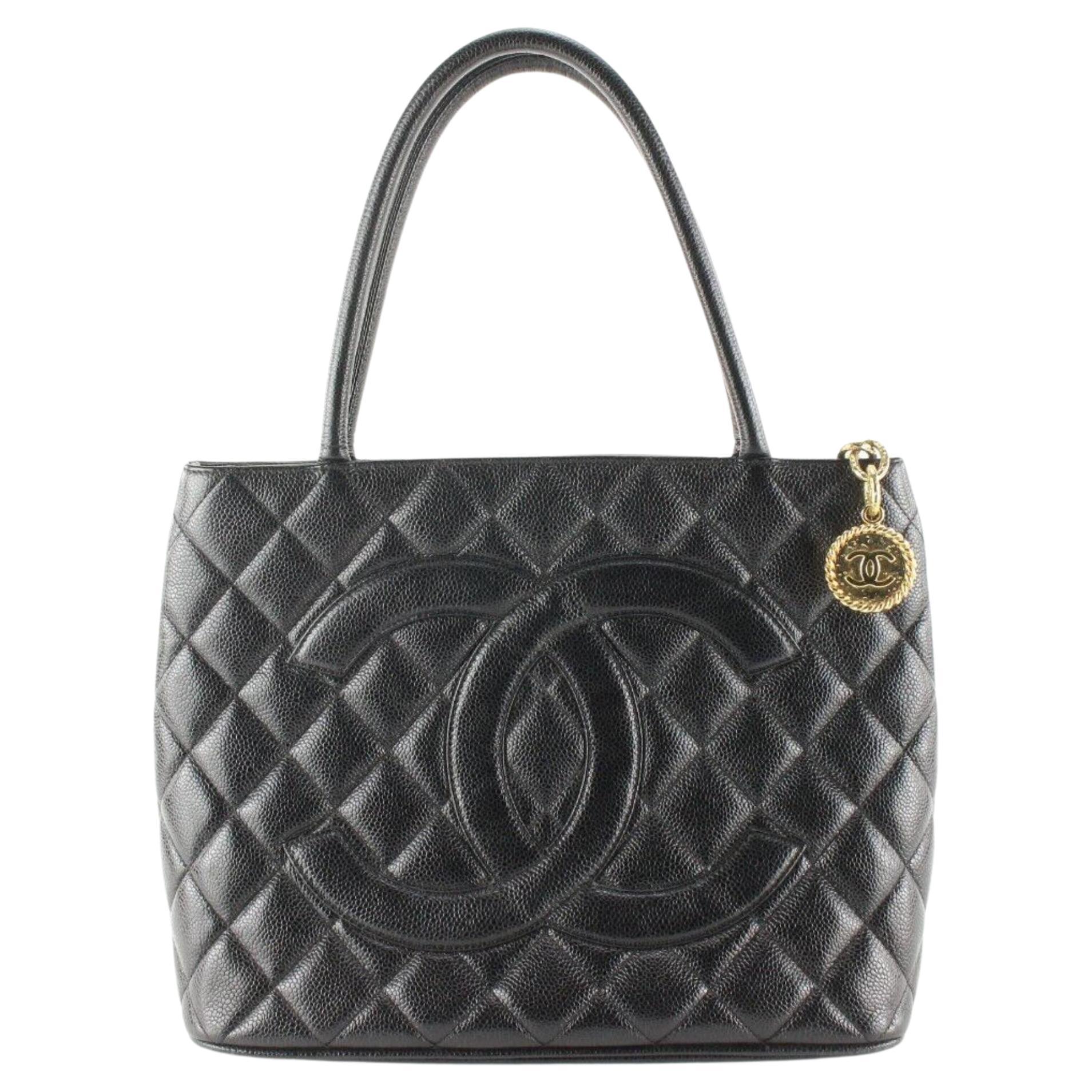 Chanel Black Quilted Caviar Leather Medallion Zip Tote 1C1031 For Sale