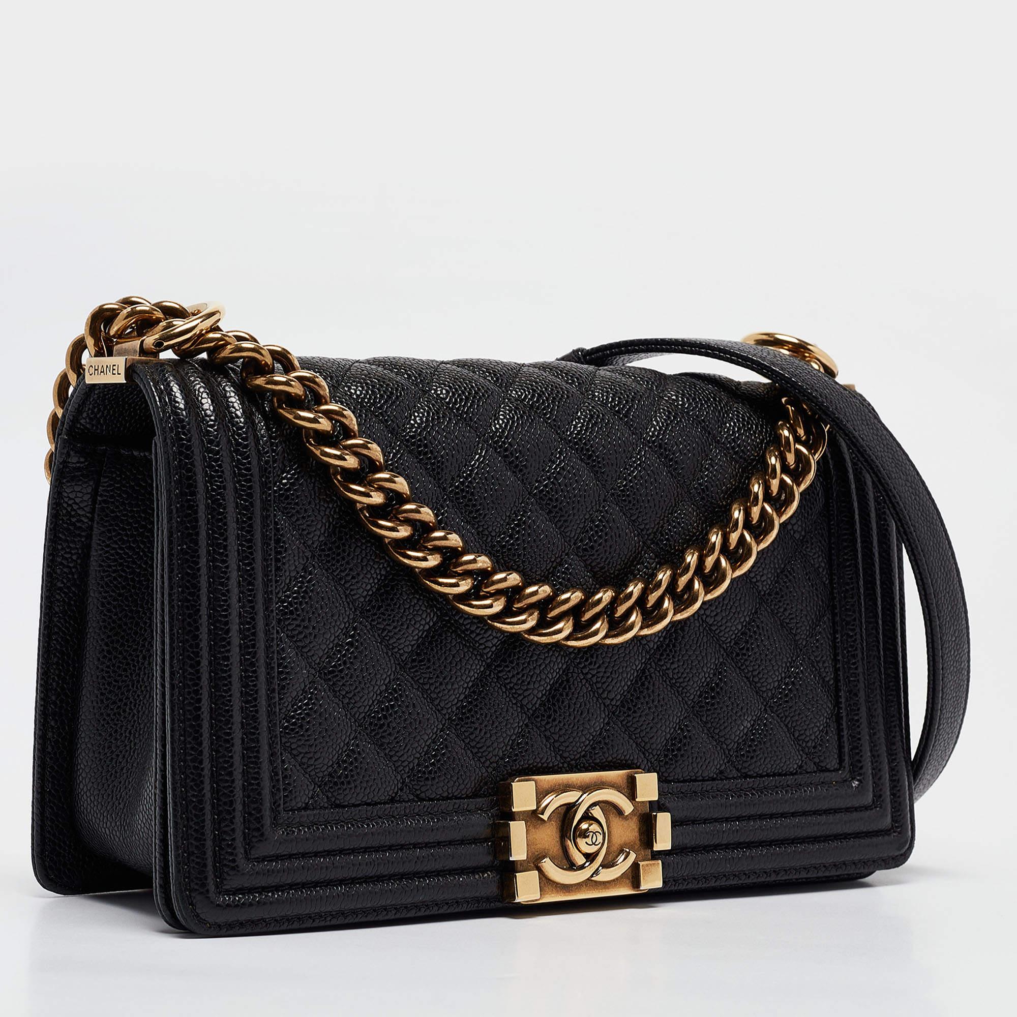 Chanel Black Quilted Caviar Leather Medium Boy Flap Bag In Good Condition In Dubai, Al Qouz 2
