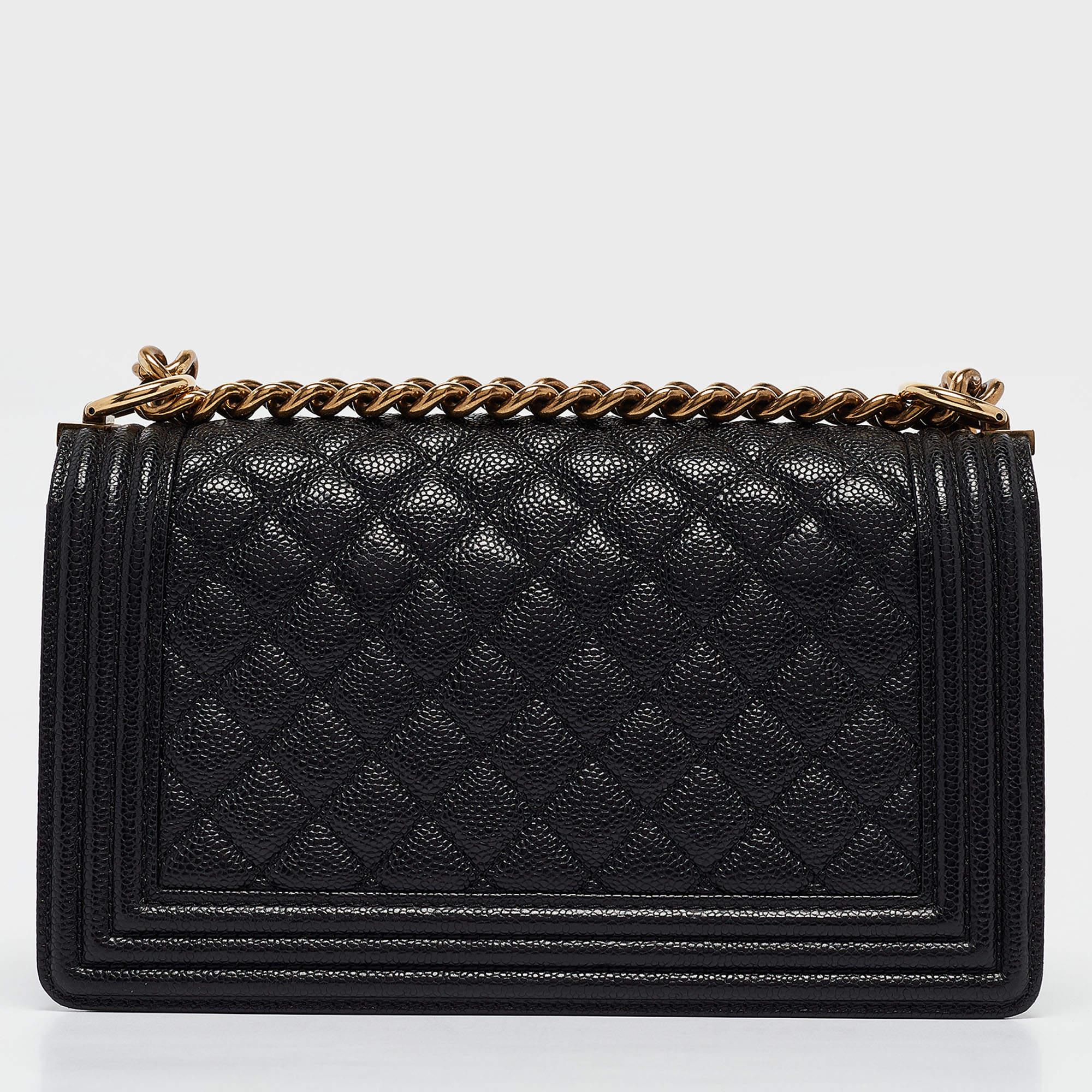 Women's Chanel Black Quilted Caviar Leather Medium Boy Flap Bag