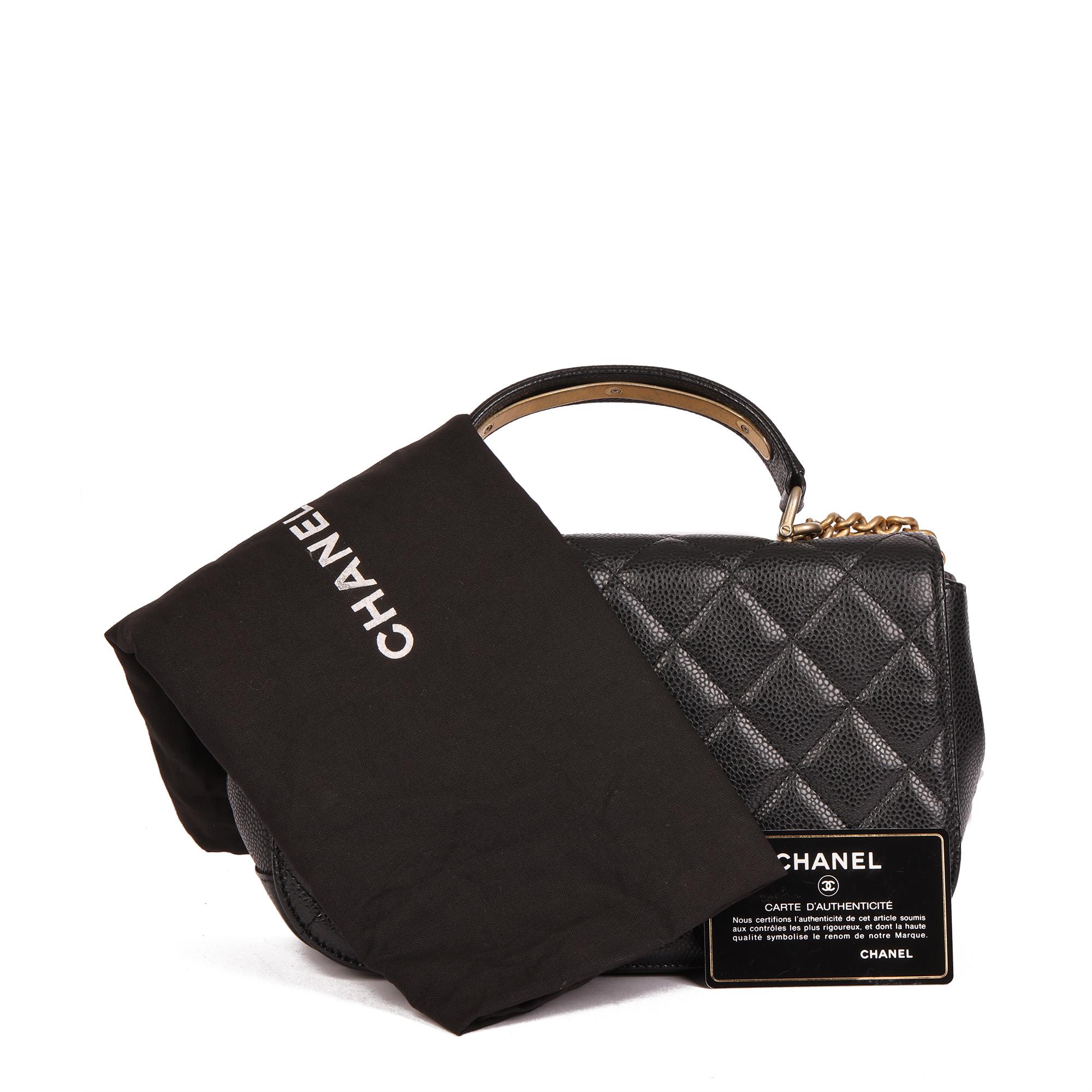 CHANEL Black Quilted Caviar Leather Medium Classic Top Handle Flap Bag For Sale 8