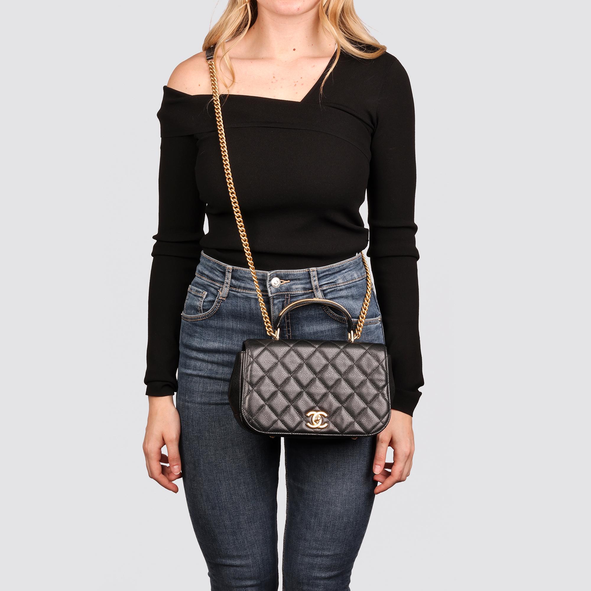 CHANEL Black Quilted Caviar Leather Medium Classic Top Handle Flap Bag For Sale 9