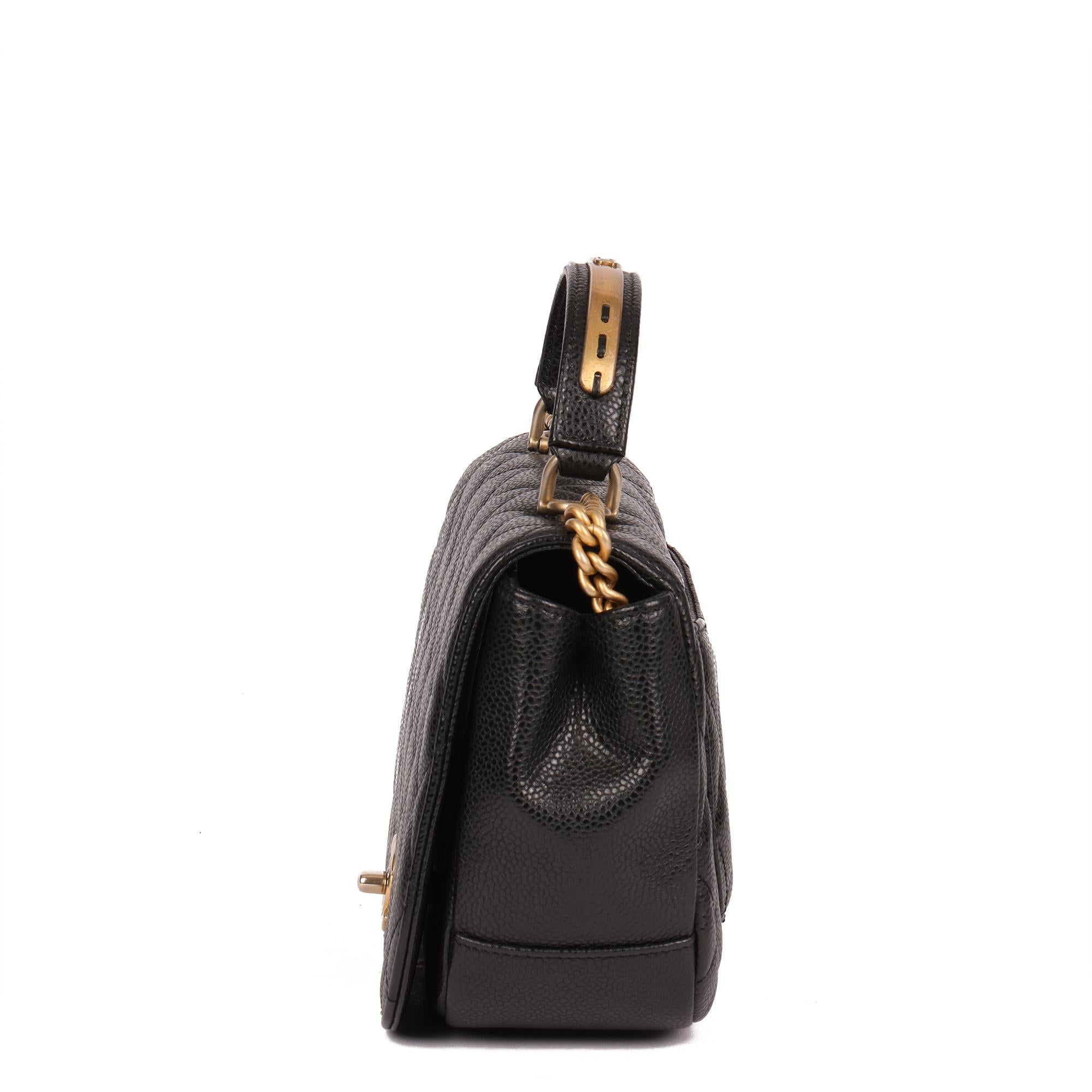 CHANEL Black Quilted Caviar Leather Medium Classic Top Handle Flap Bag In Excellent Condition For Sale In Bishop's Stortford, Hertfordshire