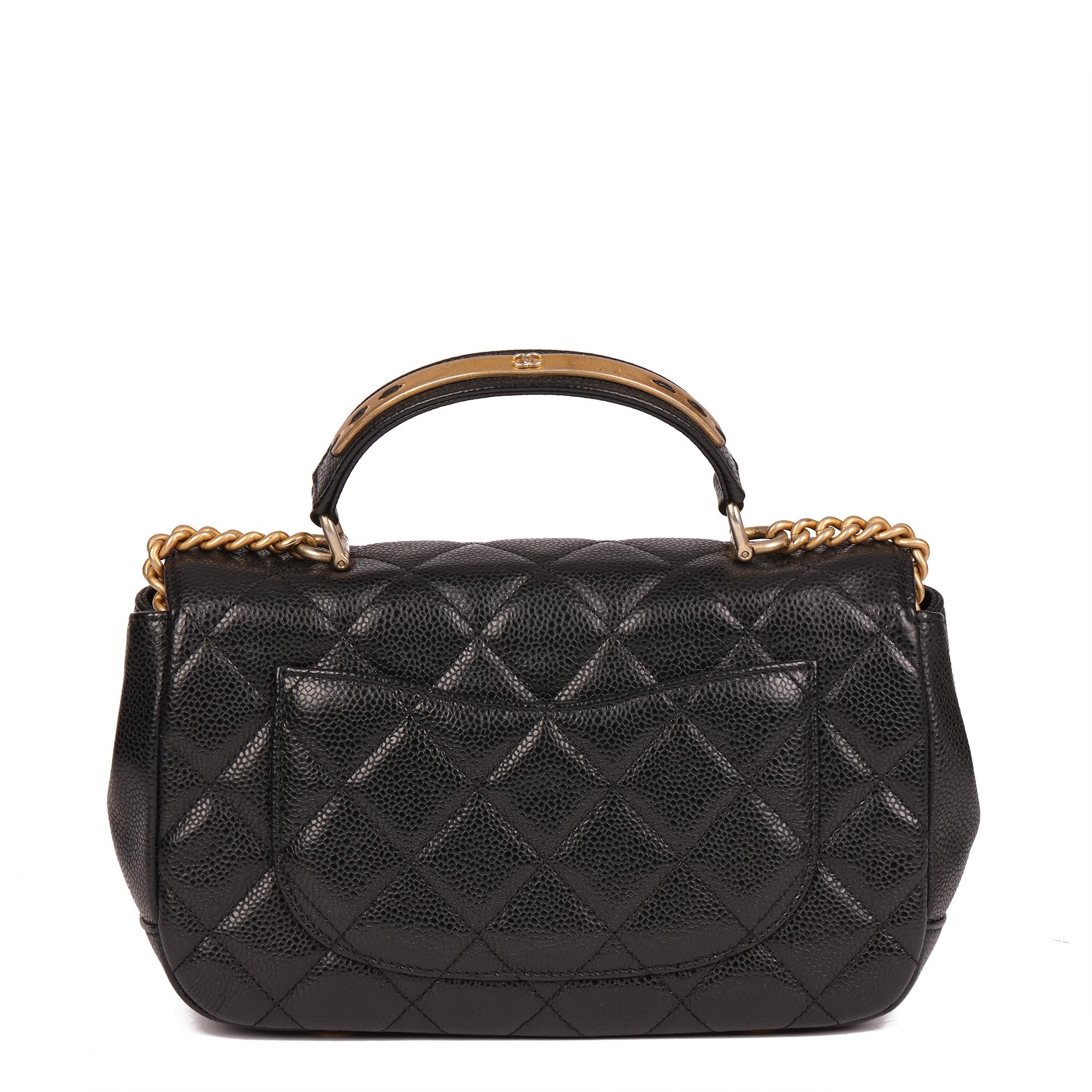 CHANEL Black Quilted Caviar Leather Medium Classic Top Handle Flap Bag For Sale 1