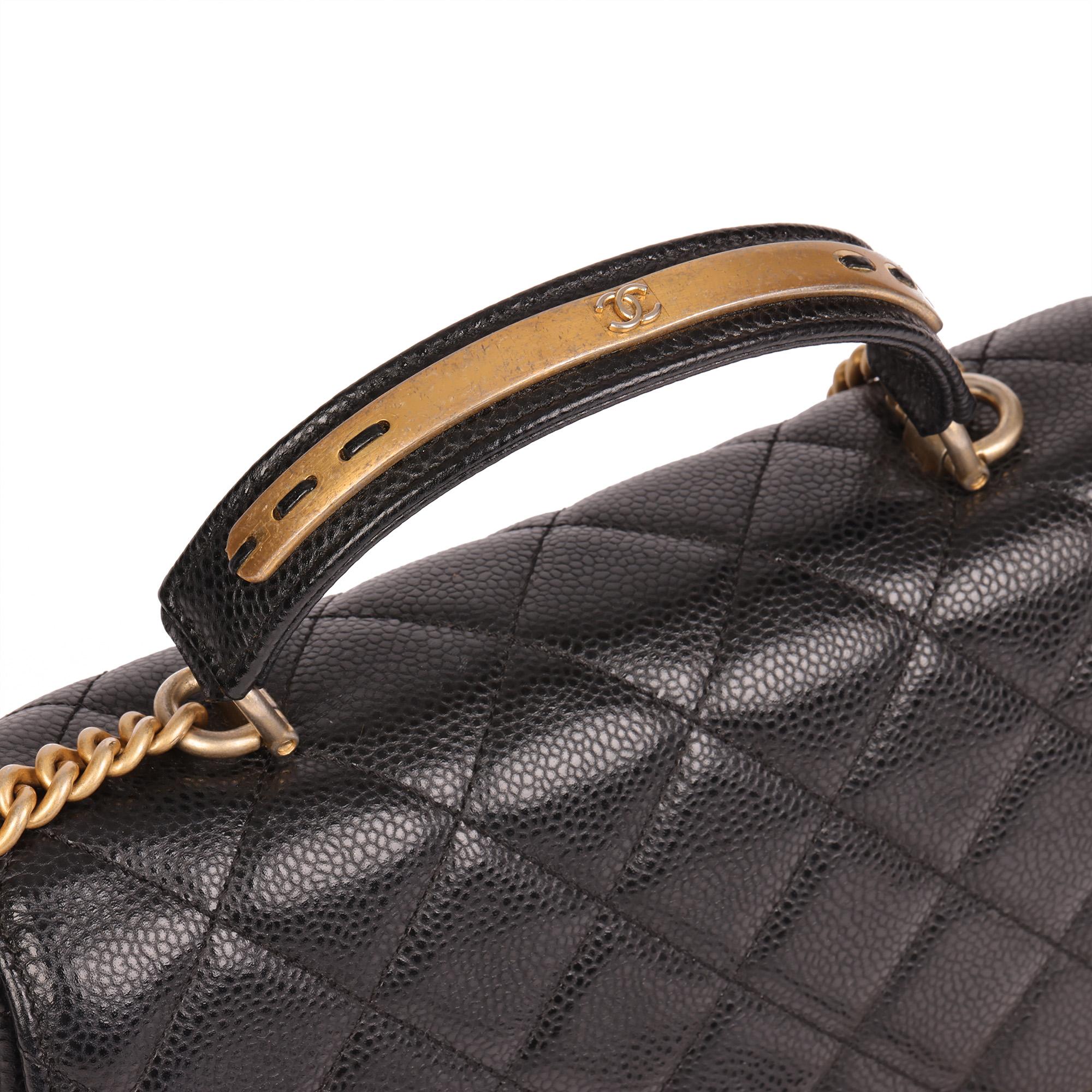 CHANEL Black Quilted Caviar Leather Medium Classic Top Handle Flap Bag For Sale 4