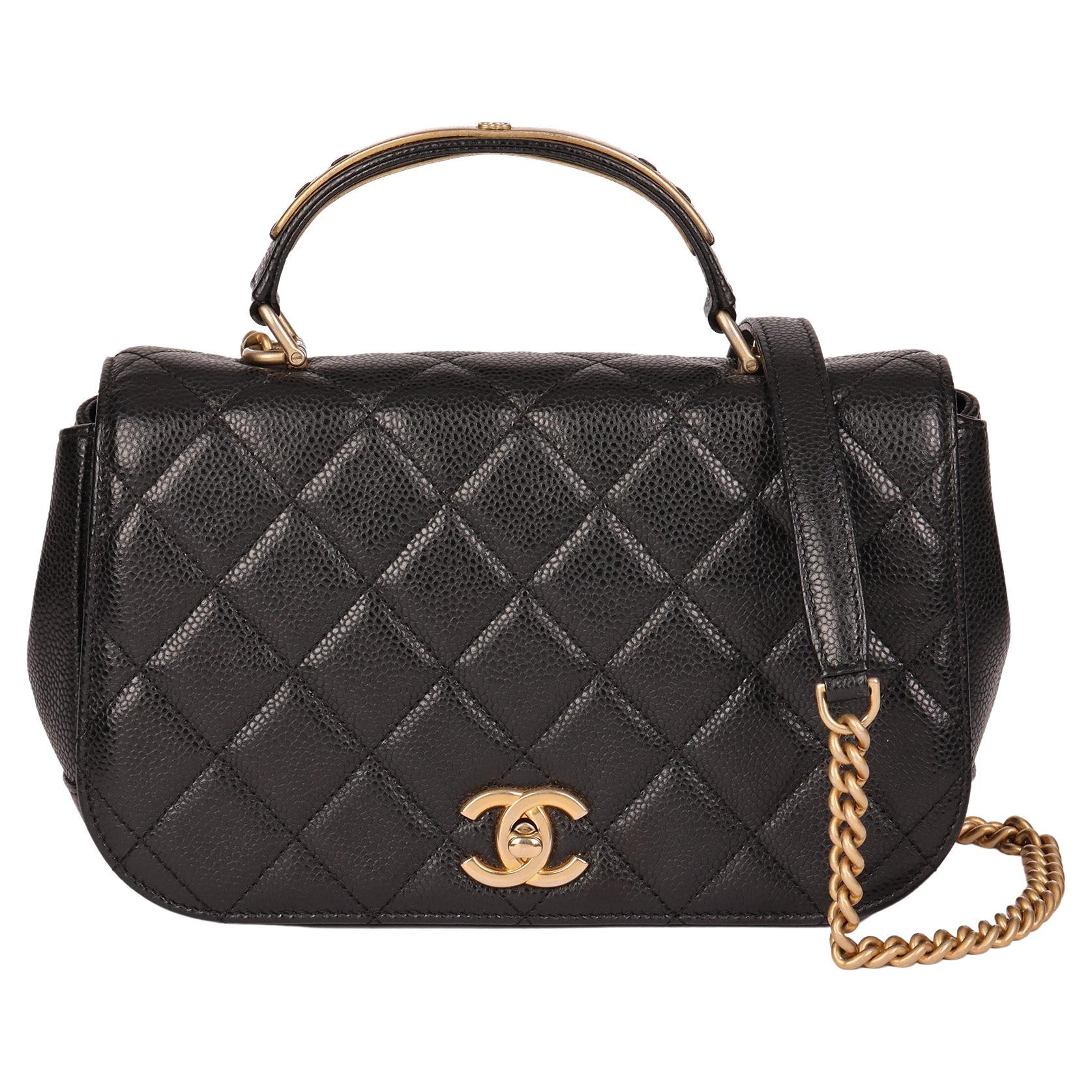 CHANEL Black Quilted Caviar Leather Medium Classic Top Handle Flap