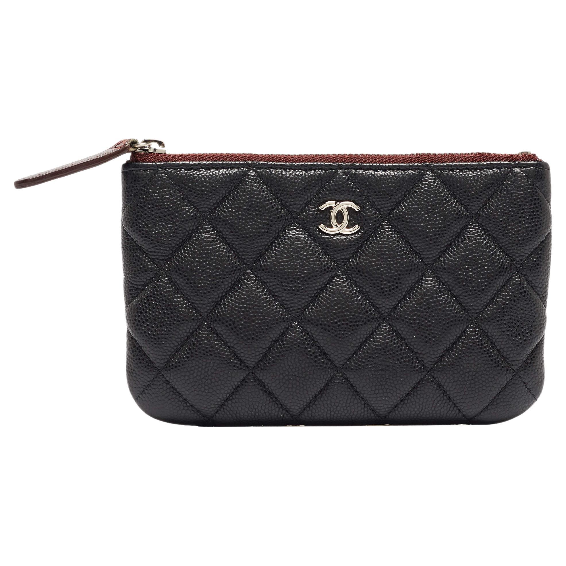 Chanel Black Quilted Caviar Leather Mini O-Case Zip Pouch For Sale