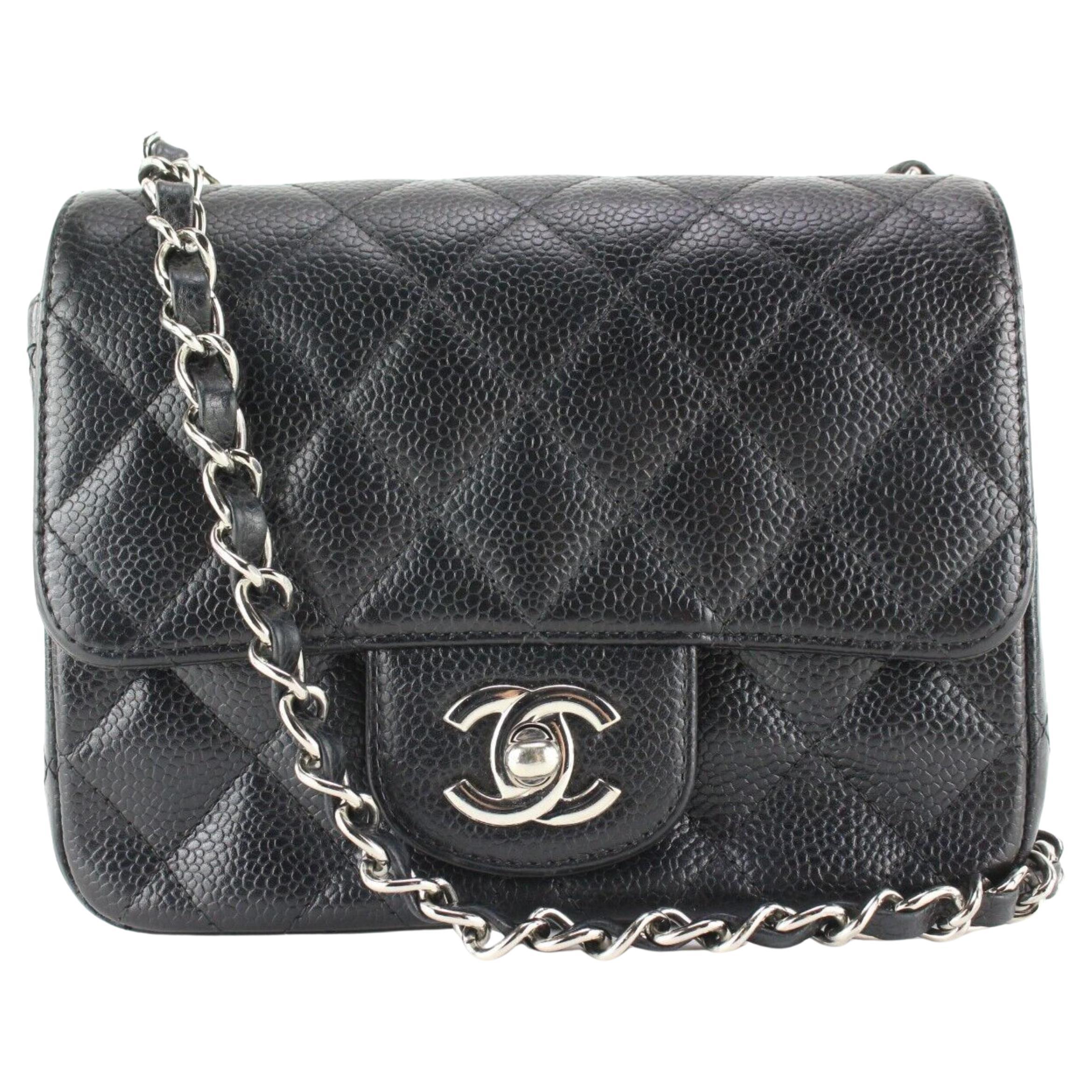 Chanel Black Quilted Caviar Leather Mini Square Classic Flap SHW RARE 19c26a For Sale