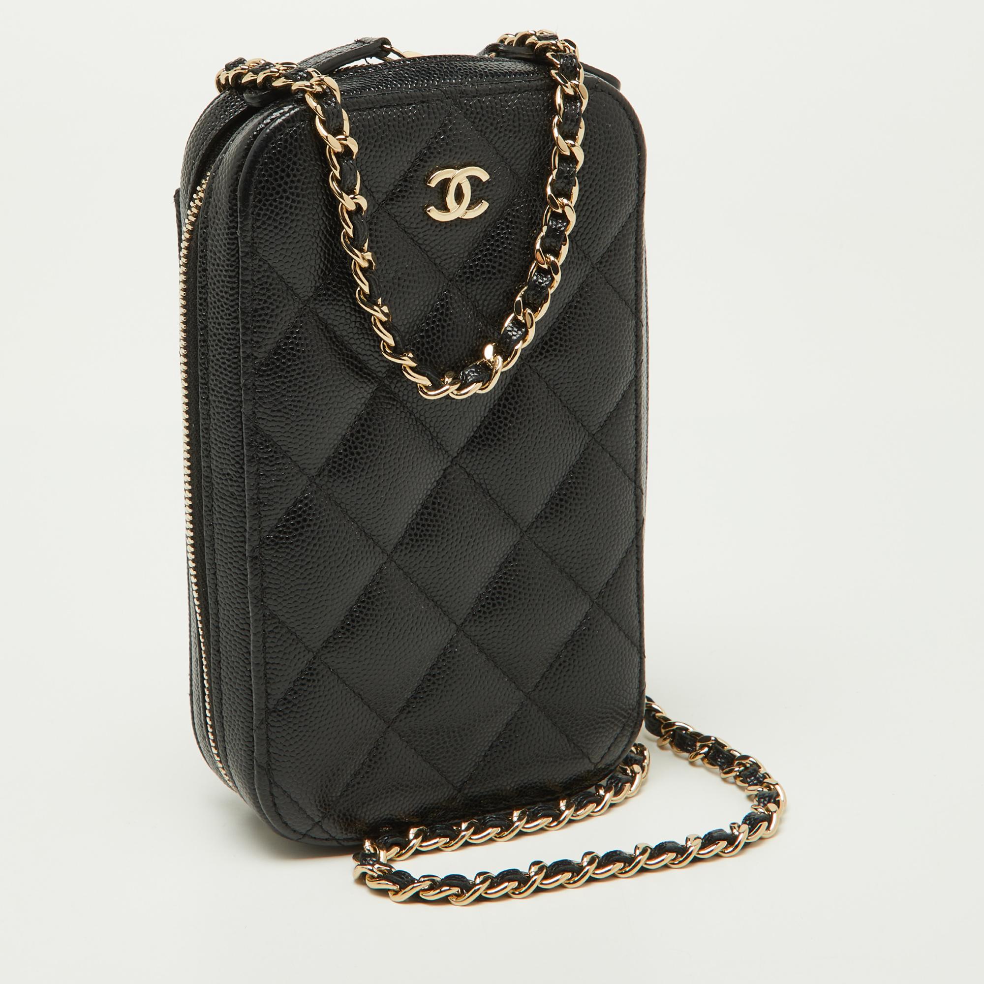 Women's Chanel Black Quilted Caviar Leather Phone Holder Crossbody Bag