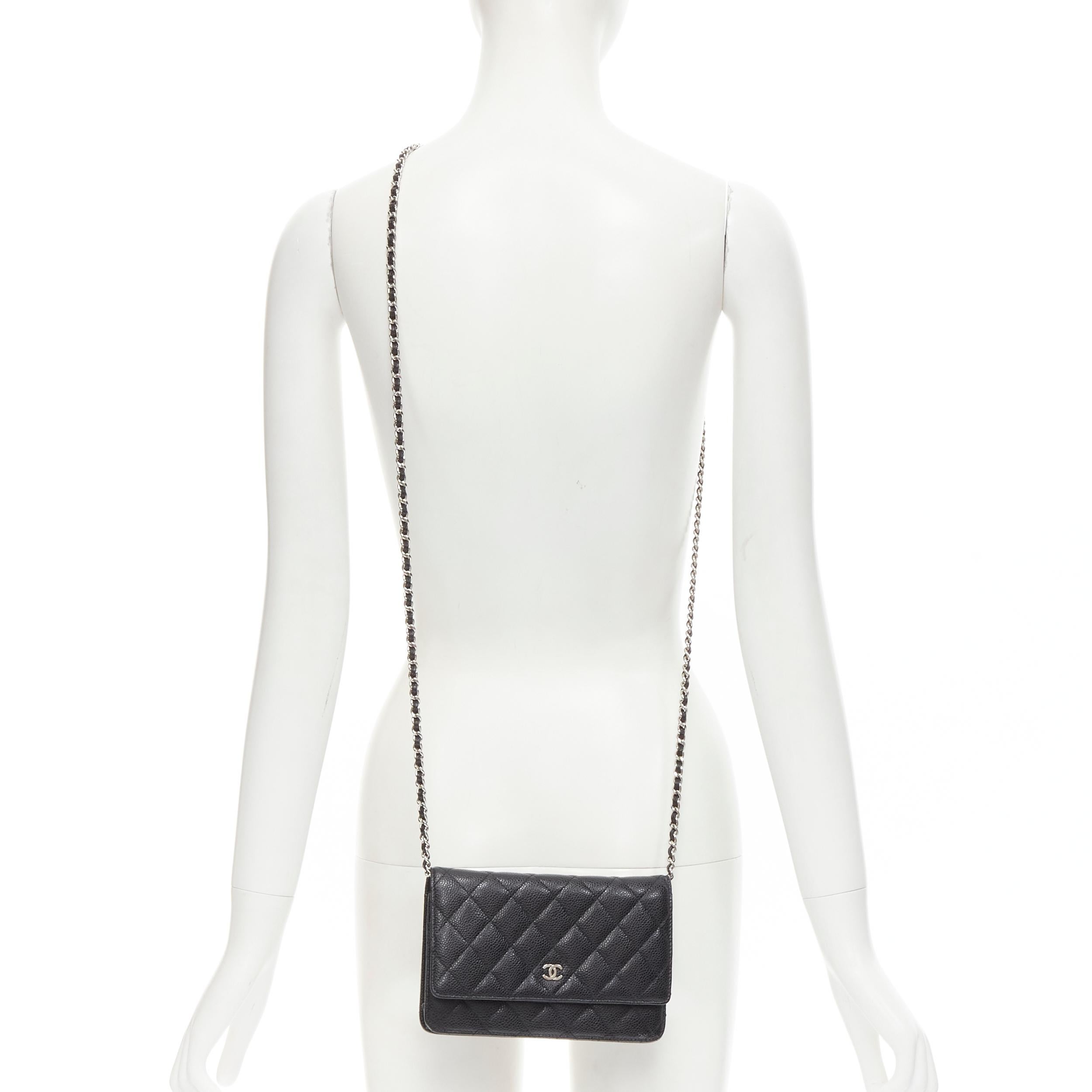 CHANEL black quilted caviar leather silver CC woven chain crossbody WOC bag 
Reference: CECU/A00002 
Brand: Chanel 
Designer: Karl Lagerfeld 
Material: Leather 
Color: Black 
Pattern: Solid 
Closure: Button 
Extra Detail: Black caviar leather.