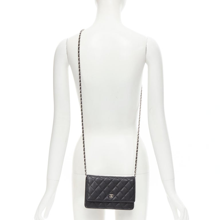 CHANEL black quilted caviar leather silver CC woven chain crossbody WOC bag  at 1stDibs