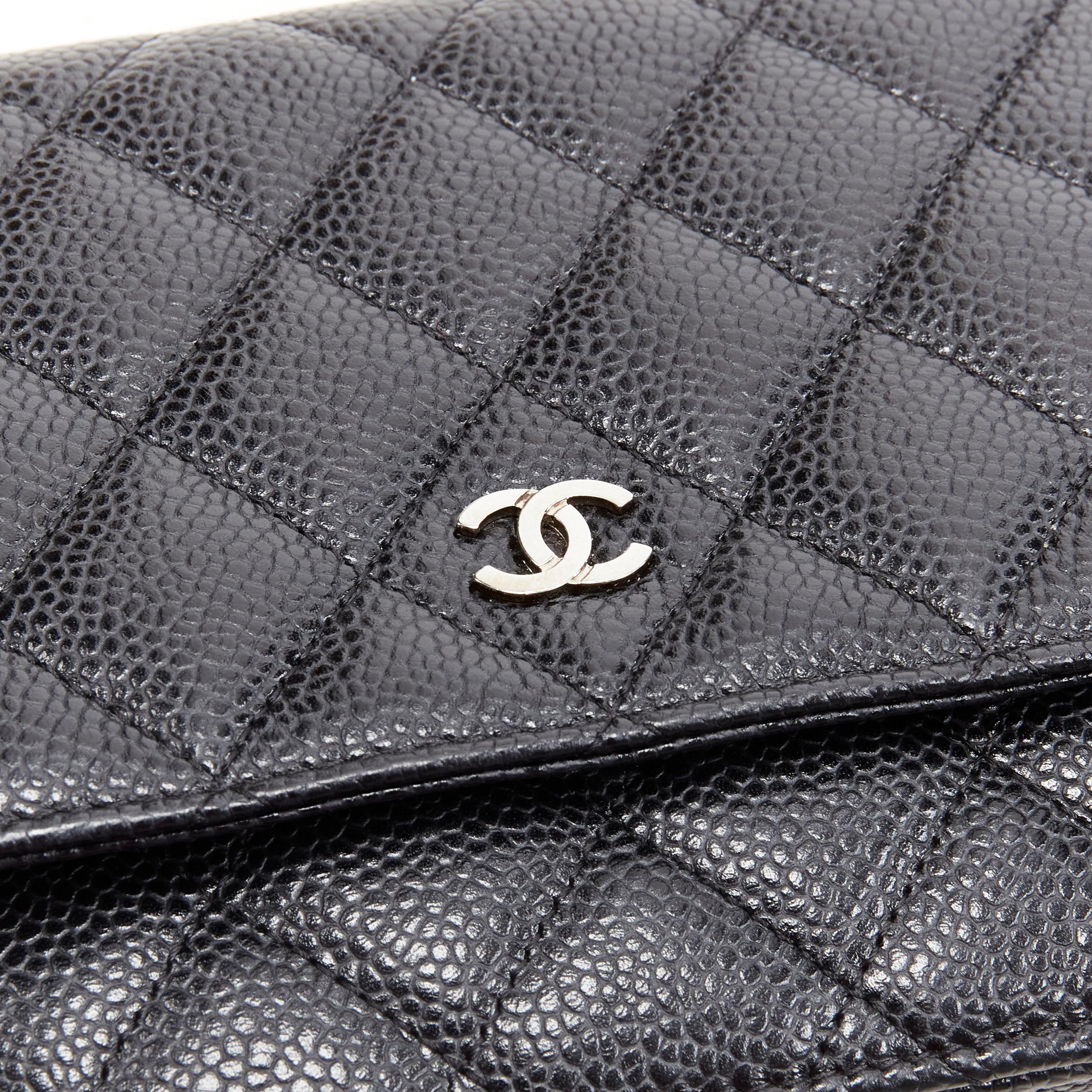 CHANEL black quilted caviar leather silver CC woven chain crossbody WOC bag In Excellent Condition In Hong Kong, NT