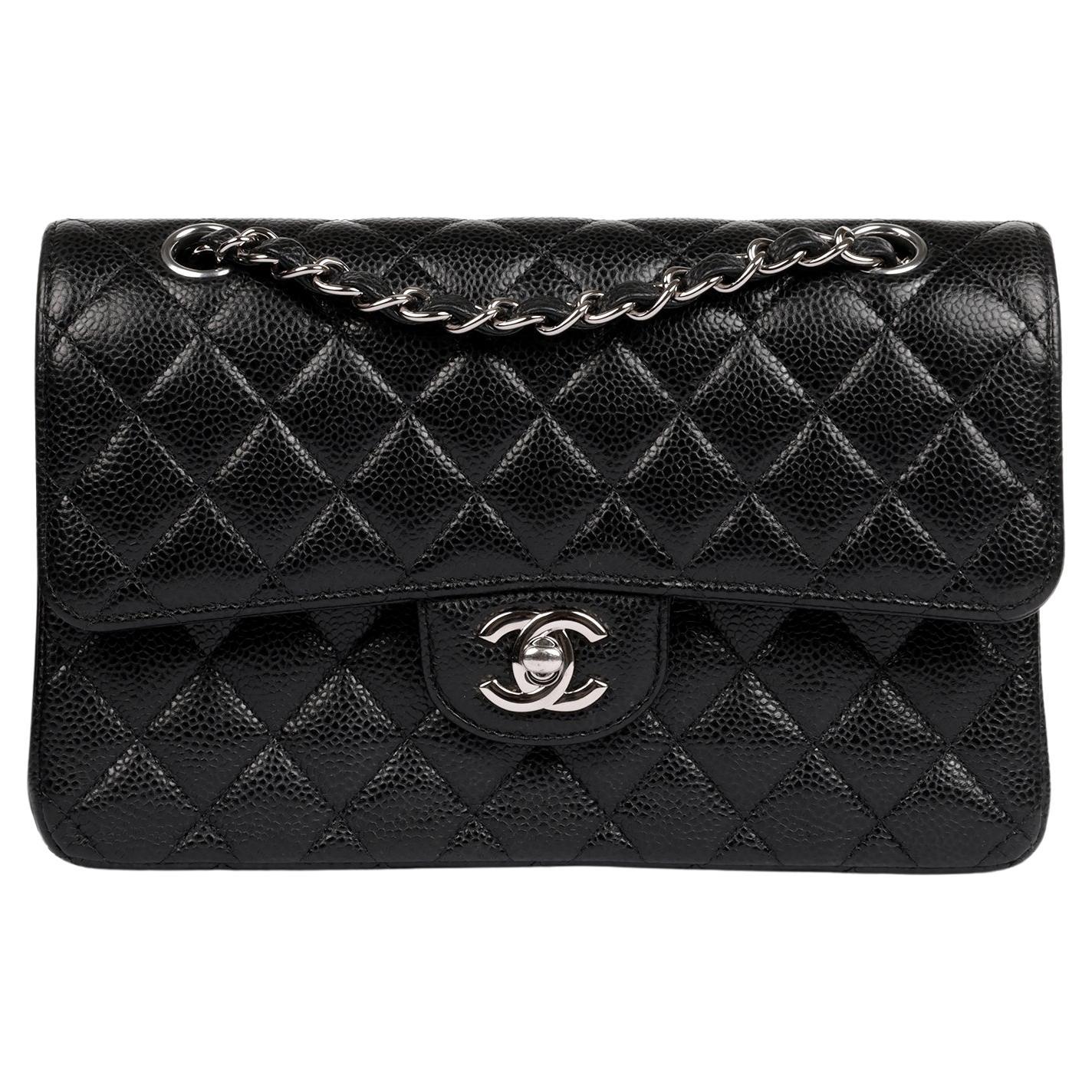 Chanel Black Quilted Caviar Leather Small Classic Double Flap Bag For Sale