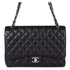 CHANEL black quilted Caviar leather TIMELESS CLASSIC FLAP MAXI Shoulder Bag