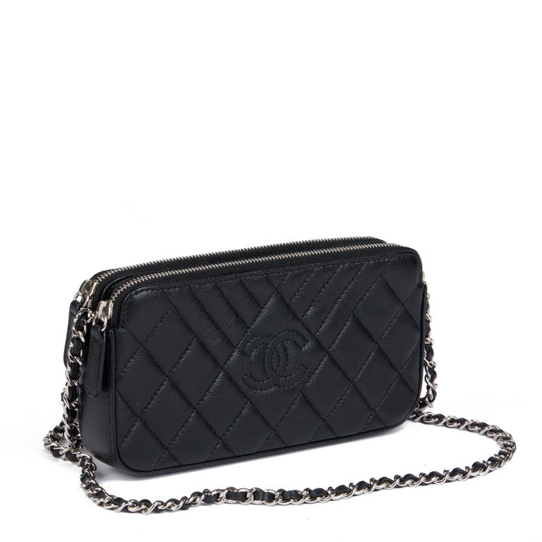 CHANEL Black Quilted Caviar Leather Timeless Double Zip WalletonChain