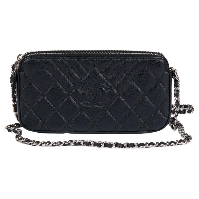 CHANEL Black Quilted Caviar Leather Timeless Double Zip WalletonChain
