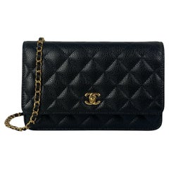 Chanel Black Quilted Caviar Leather Twistlock CC Wallet On Chain WOC Crossbody