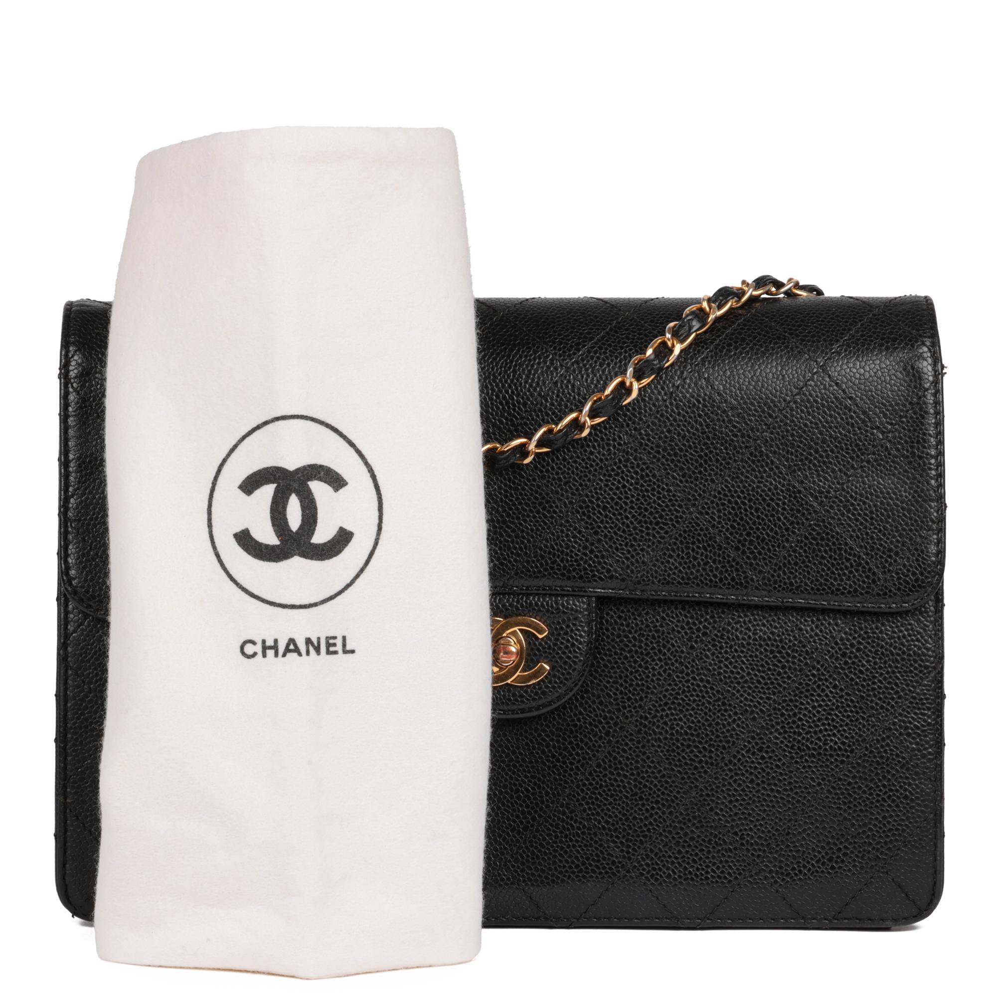 CHANEL Black Quilted Caviar Leather Vintage Jumbo Classic Single Flap Bag For Sale 8