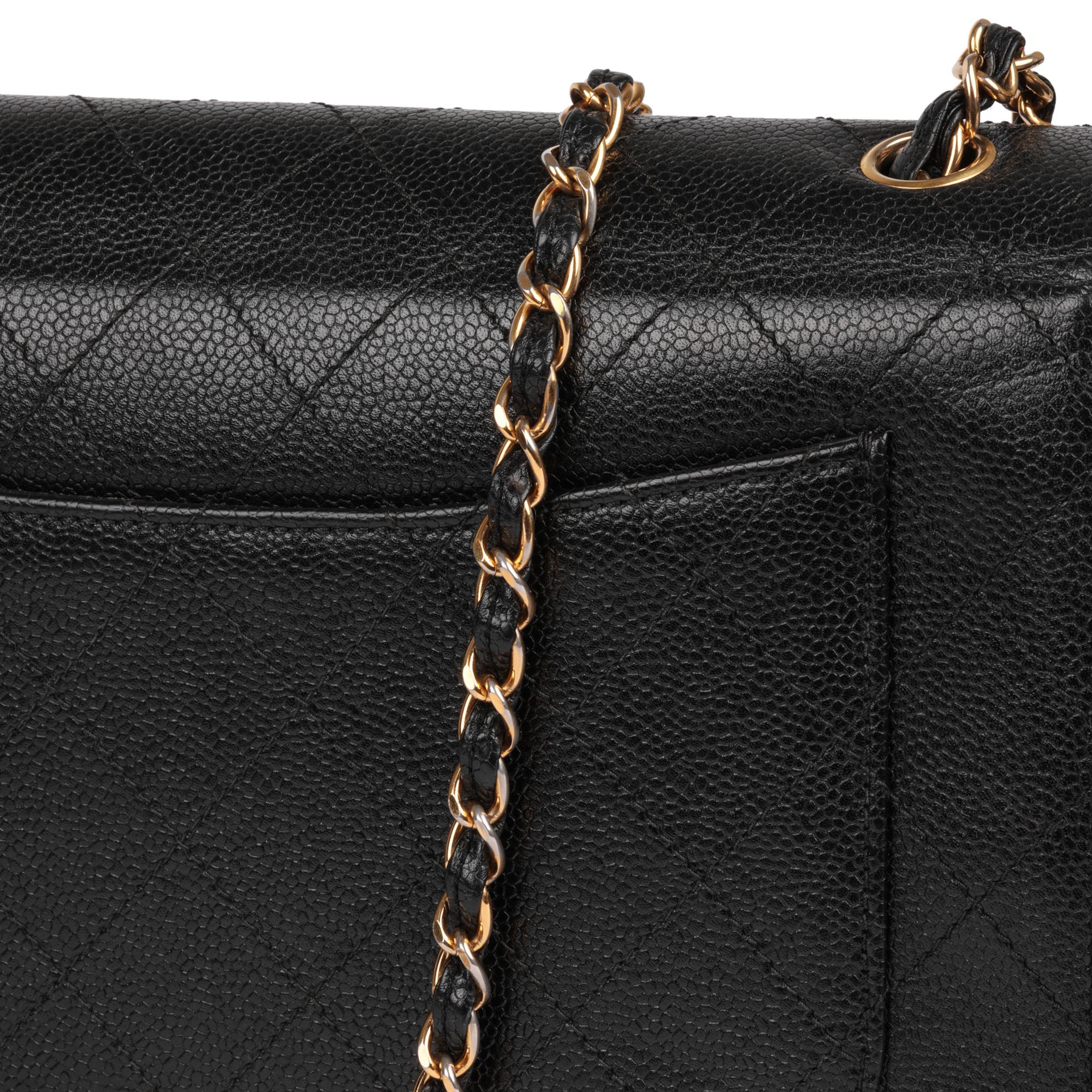CHANEL Black Quilted Caviar Leather Vintage Jumbo Classic Single Flap Bag For Sale 4