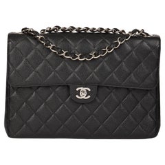 CHANEL Black Quilted Caviar Leather Vintage Jumbo Classic Single Flap Bag