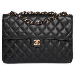 Chanel Black Quilted Caviar Leather Vintage Jumbo Classic Single Flap Bag