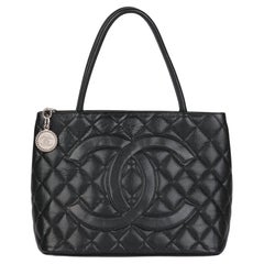 CHANEL Black Quilted Caviar Leather Vintage Medallion Tote
