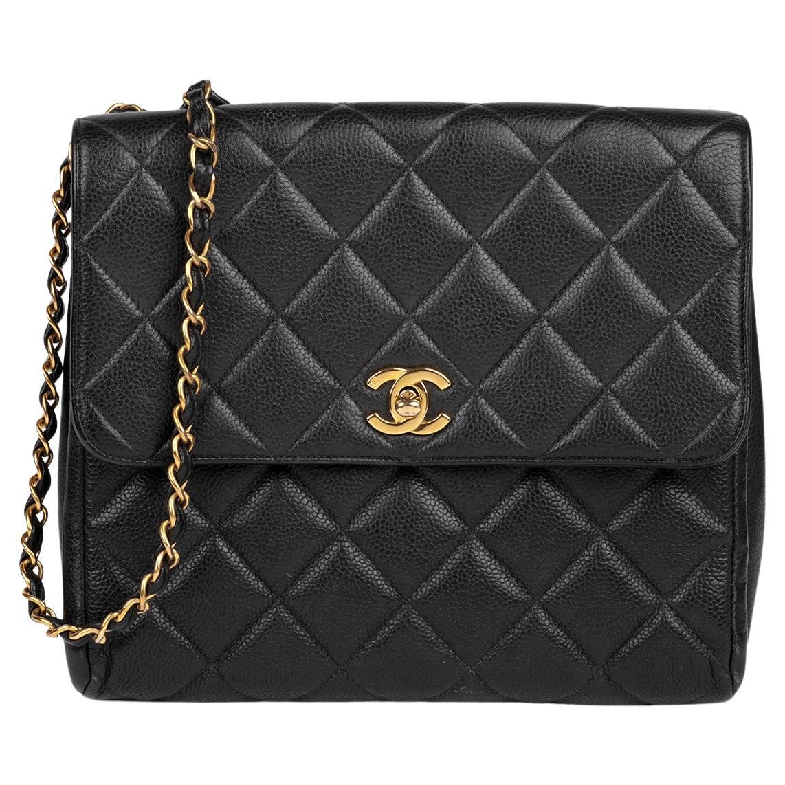 Chanel Black Quilted Caviar Leather Vintage Small Classic Single Flap Bag For Sale