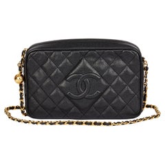CHANEL Black Quilted Caviar Leather Vintage Small Timeless Camera Bag