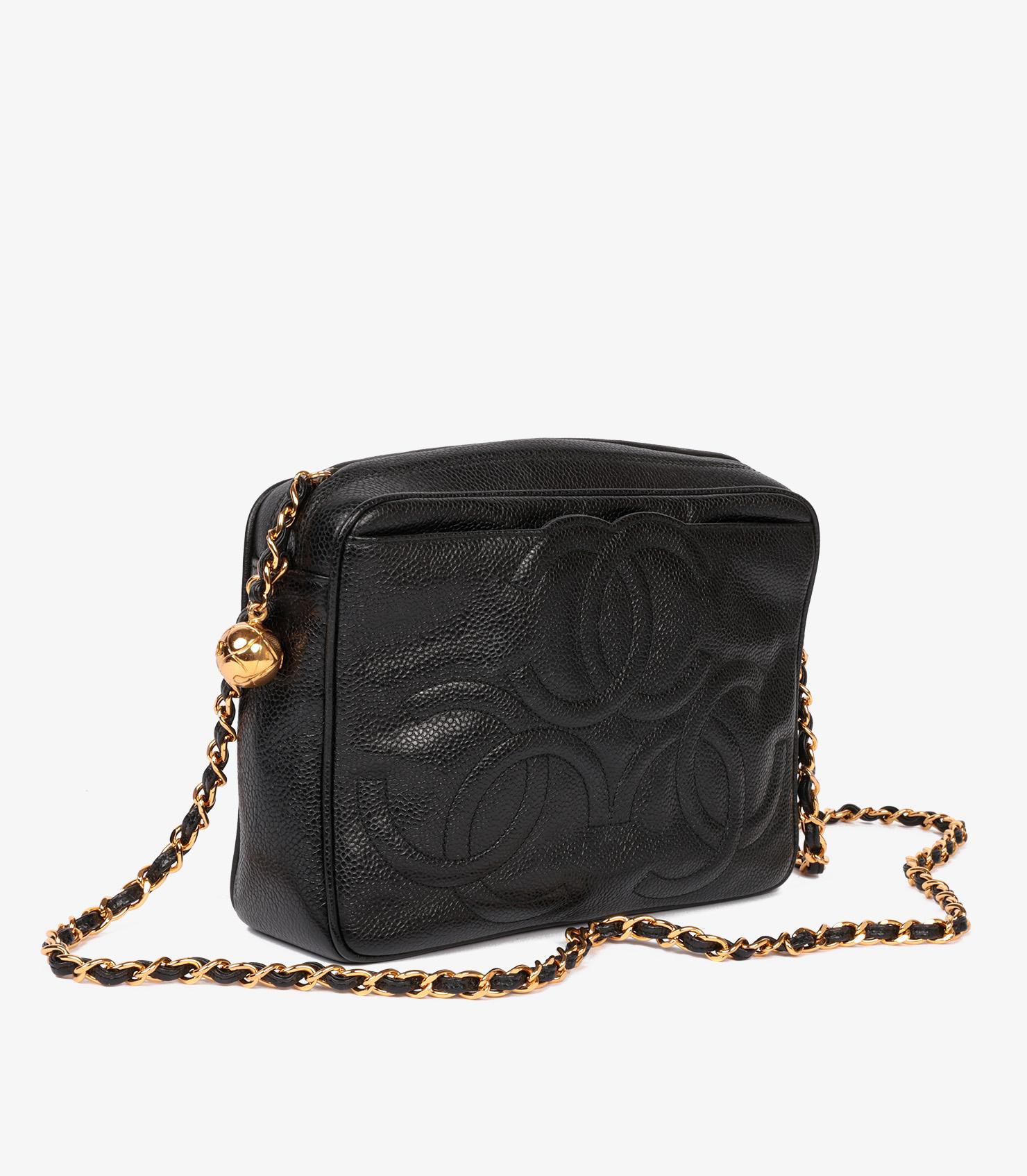 Chanel Black Quilted Caviar Leather Vintage Small Triple Logo Camera Bag In Excellent Condition In Bishop's Stortford, Hertfordshire