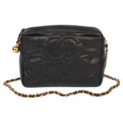 Chanel Black Quilted Caviar Leather Vintage Small Triple Logo Camera Bag