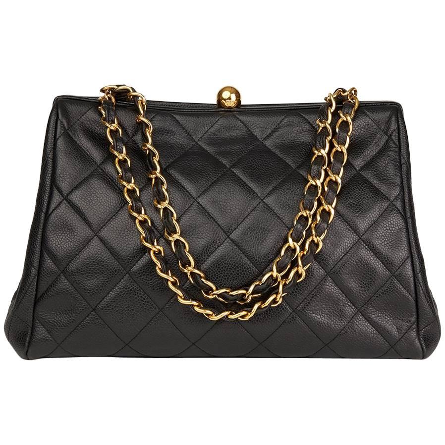 Chanel Black Quilted Caviar Leather Vintage Timeless Frame Bag