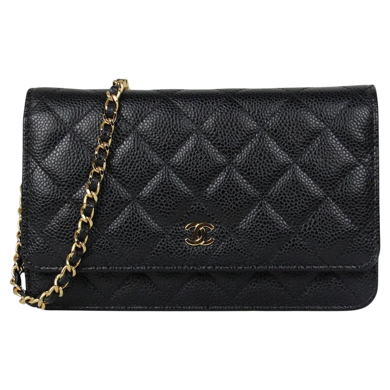 Chanel Black Quilted Caviar Leather Wallet On Chain WOC Crossbody Bag For Sale