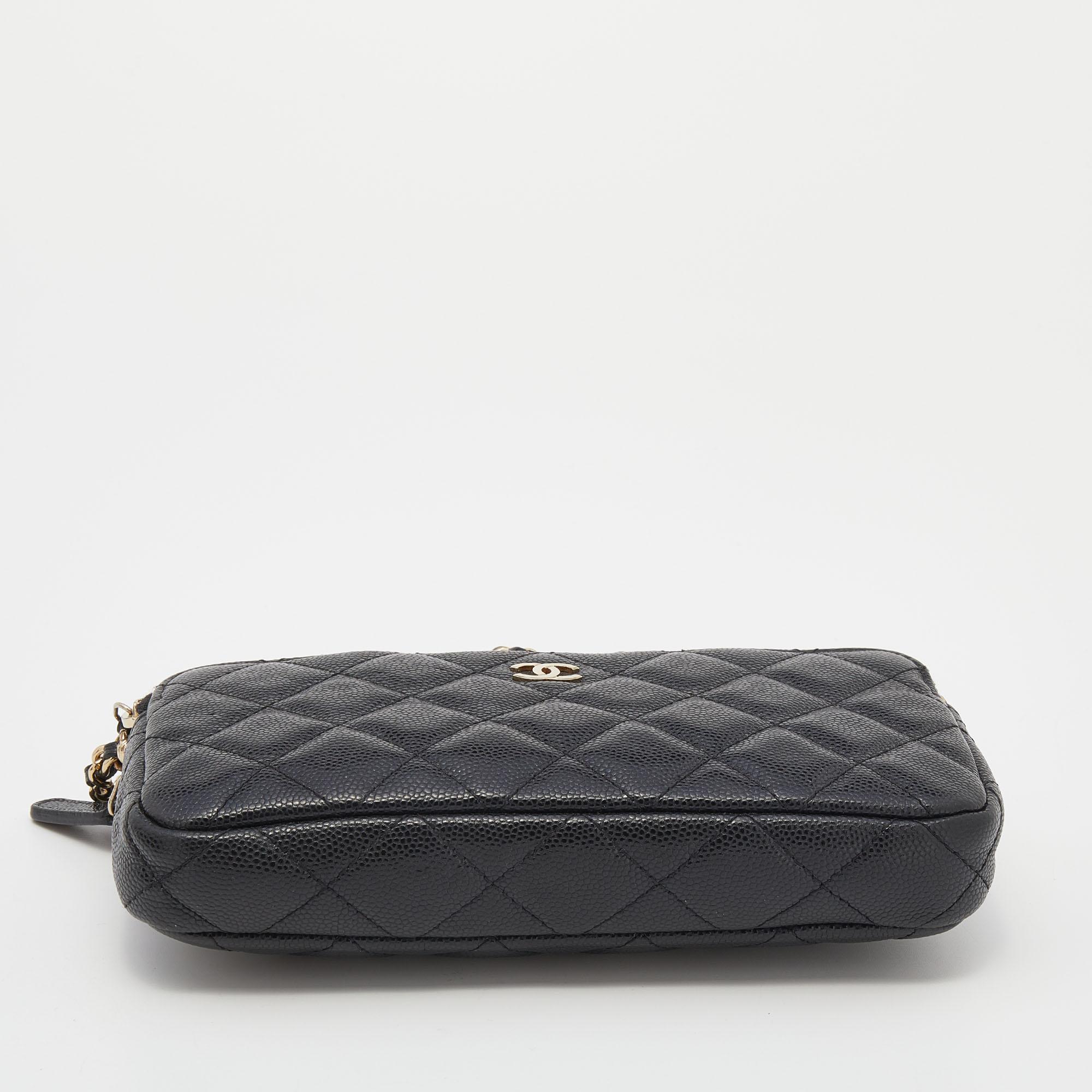 Chanel Black Quilted Caviar Leather WOC Double Zip Wallet on Chain In Good Condition In Dubai, Al Qouz 2