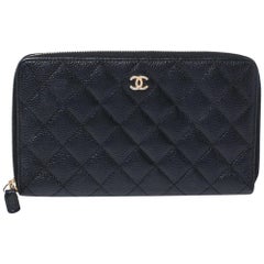 Chanel Black Quilted Caviar Leather Zip Around Wallet Organizer