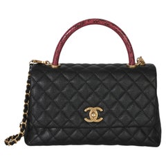 Chanel Black Quilted Caviar Lizard Medium Coco Top Handle Bag