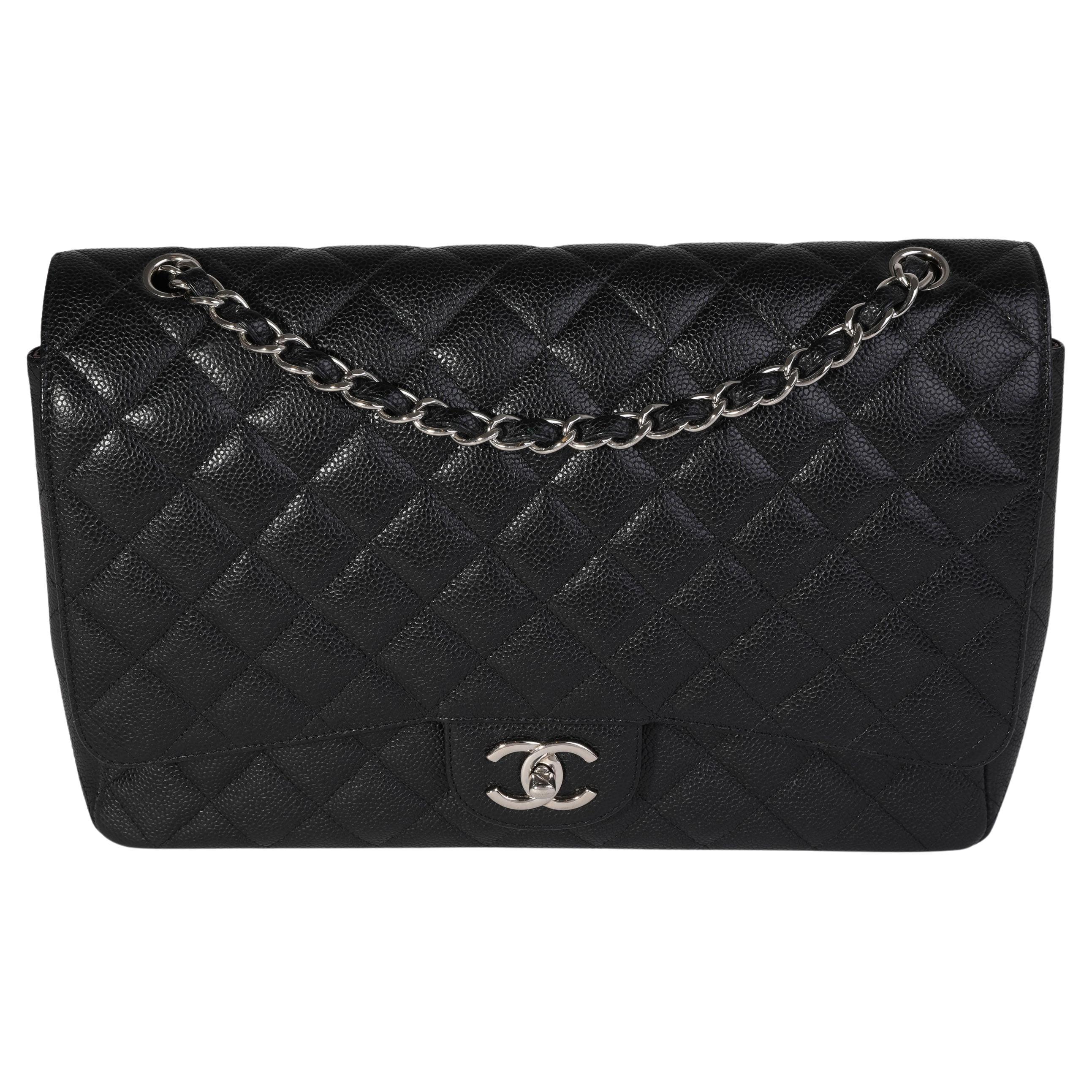Chanel Black Quilted Caviar Maxi Classic Double Flap Bag For Sale