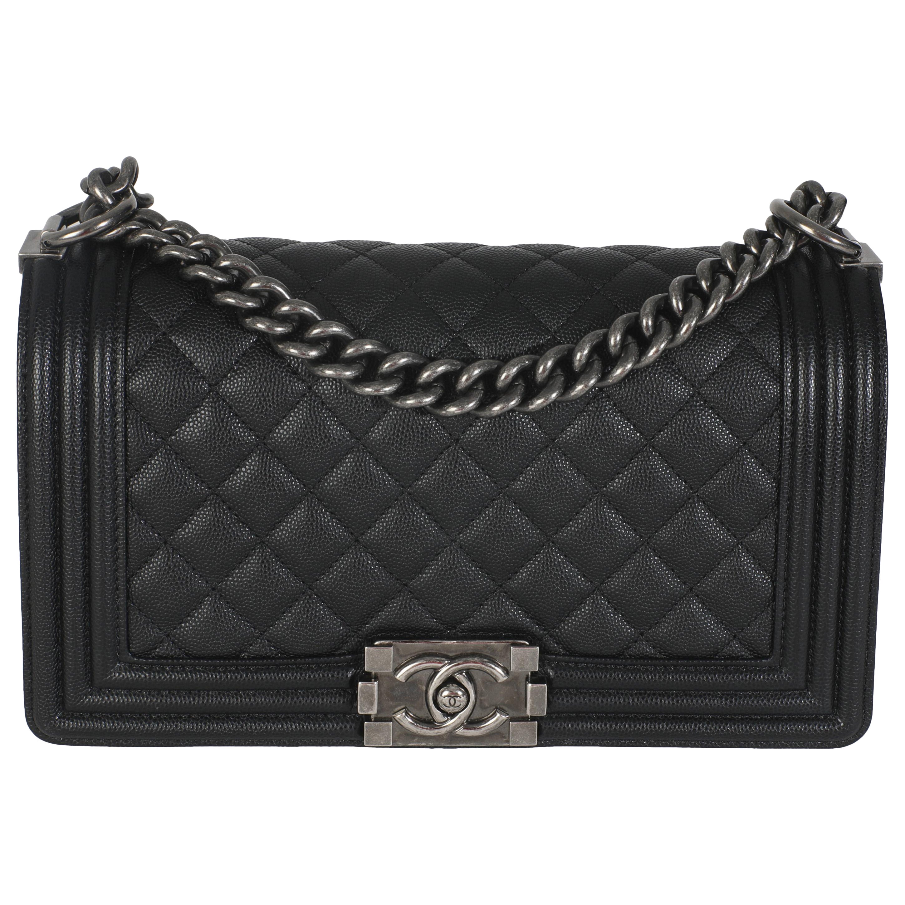Chanel Black Quilted Caviar Medium Boy Handbag For Sale