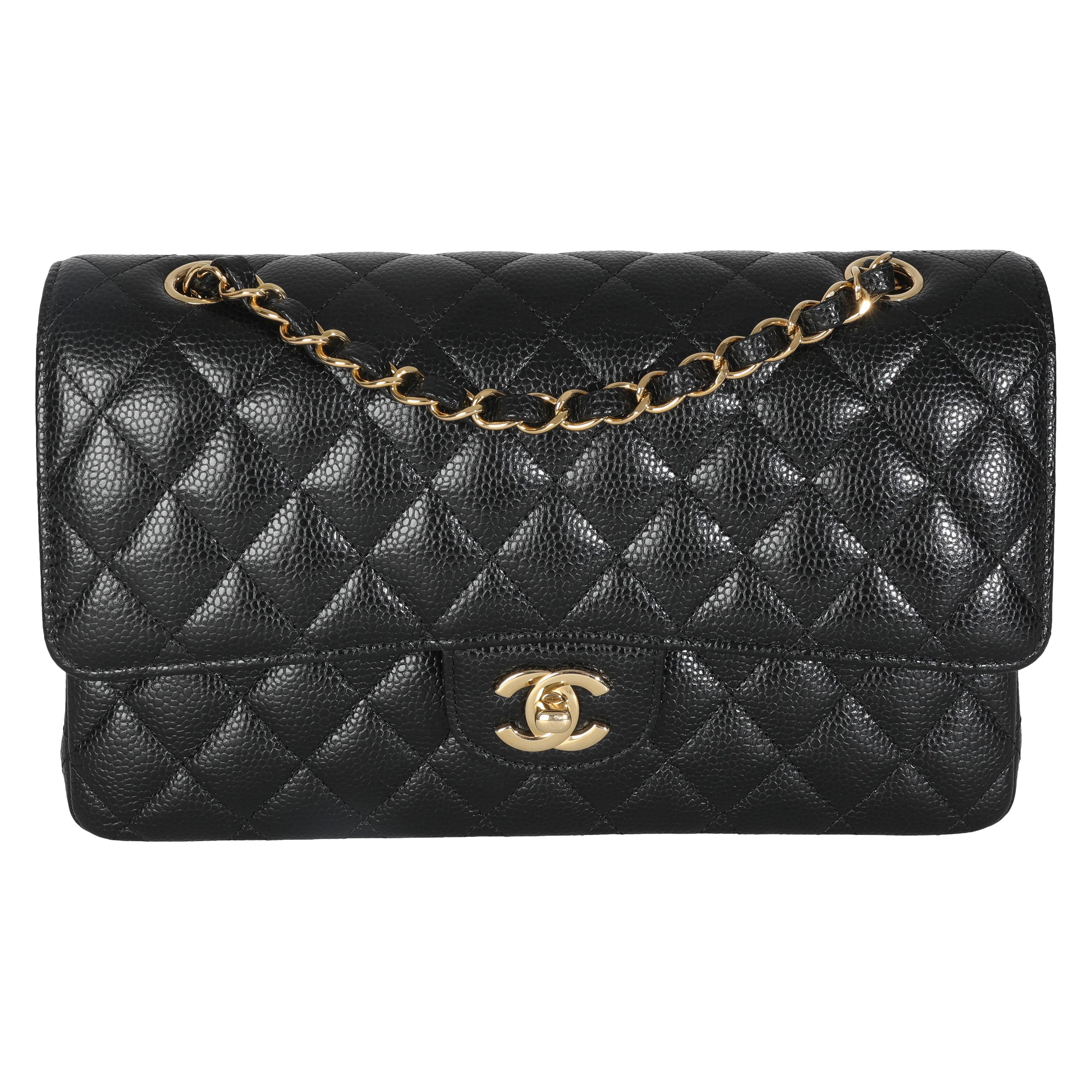Chanel Black Quilted Caviar Medium Classic Double Flap Bag For Sale