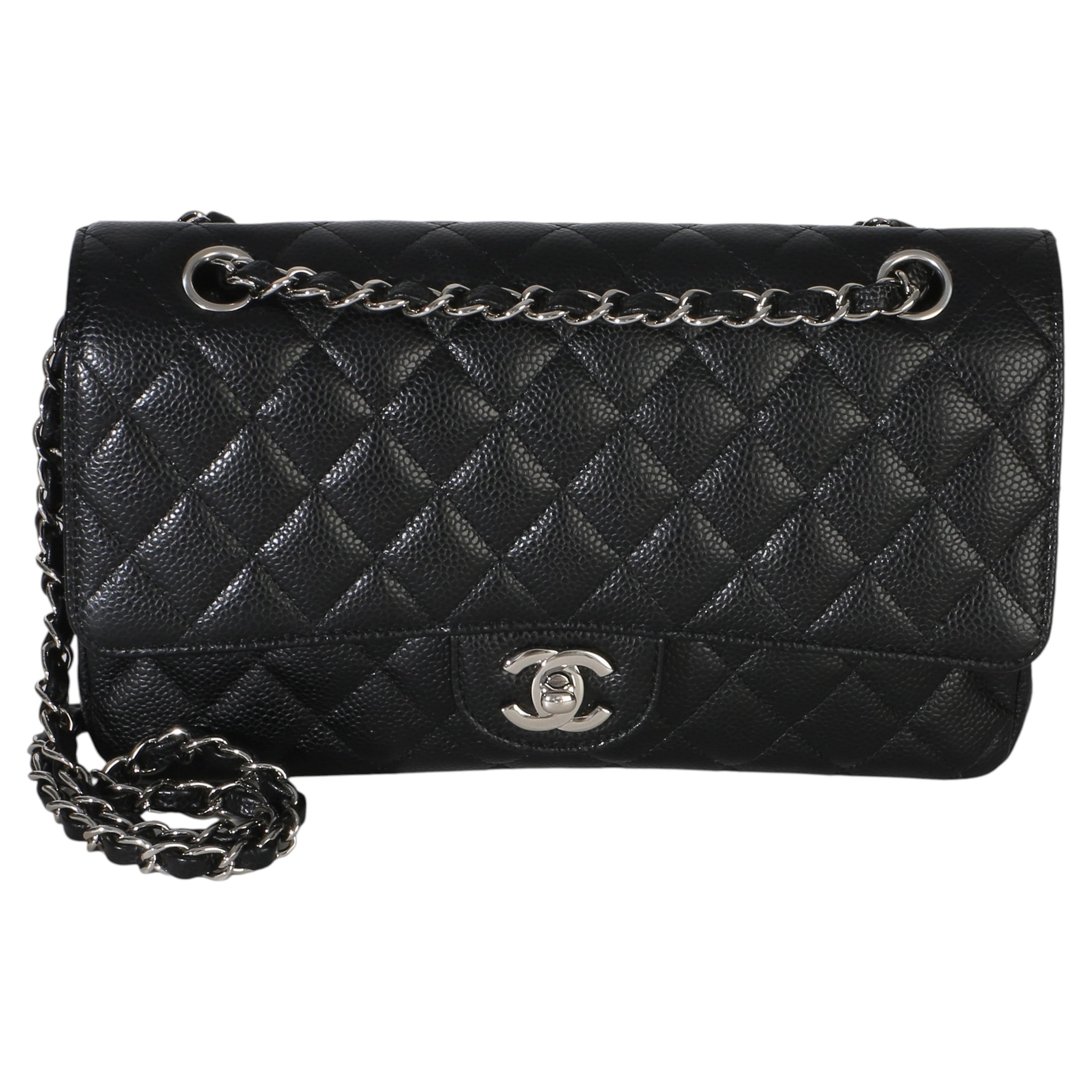 Chanel Black Quilted Caviar Medium Classic Double Flap Handbag For Sale