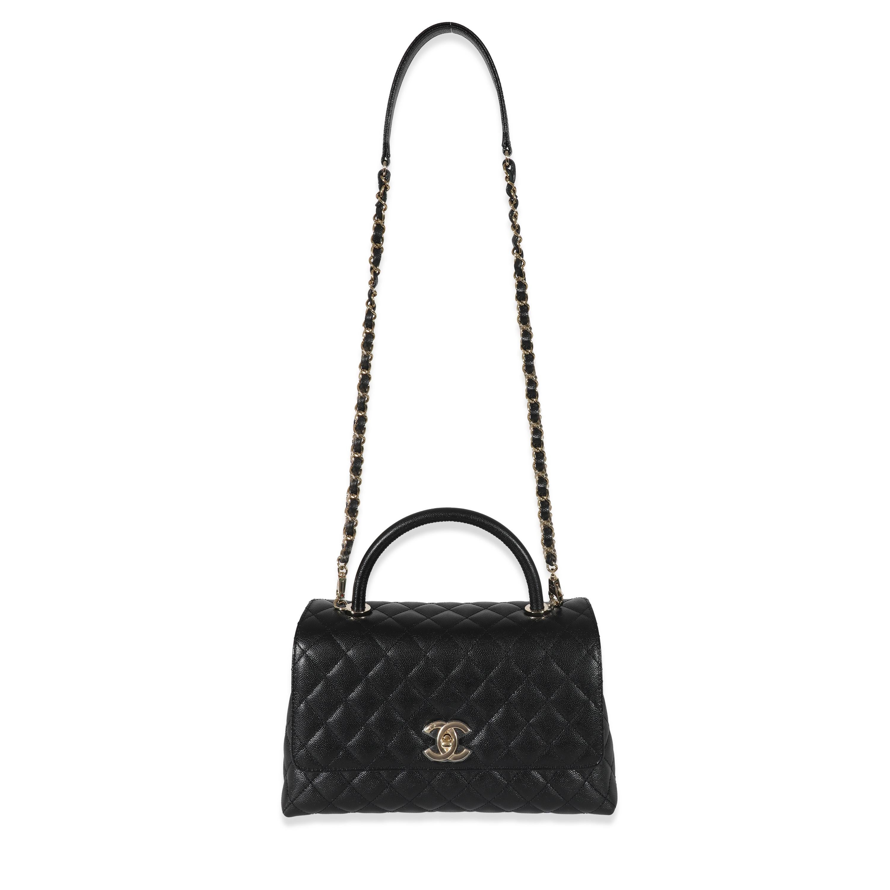 Listing Title: Chanel Black Quilted Caviar Medium Coco Top Handle Flap Bag
SKU: 130944
Condition: Pre-owned 
Condition Description: Intrinsically Chanel, the medium Coco top handle bag was named after the maison's founder. Introduced in 2015, the