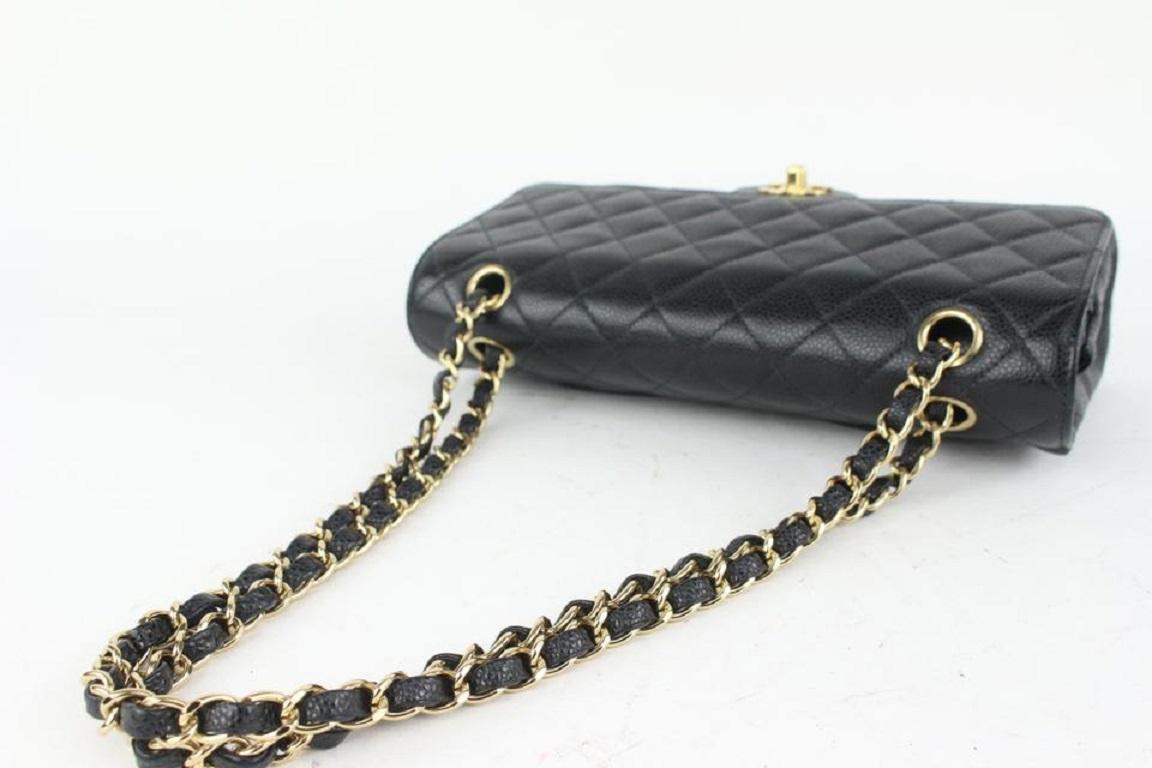 Chanel Black Quilted Caviar Medium Double Classic Flap Gold Chain Bag 1014c25 In Good Condition In Dix hills, NY