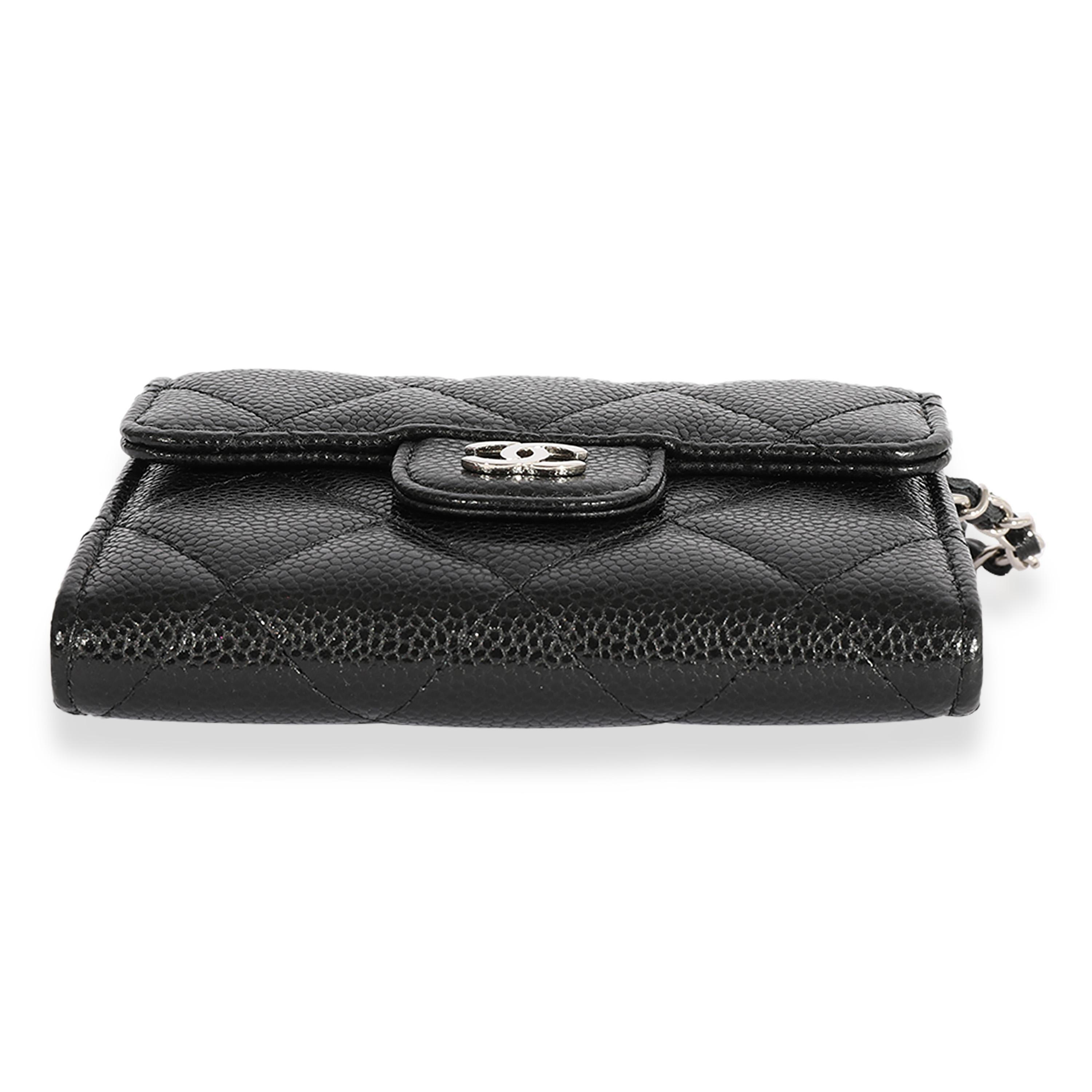 Women's Chanel Black Quilted Caviar Mini Flap Card Holder On Chain