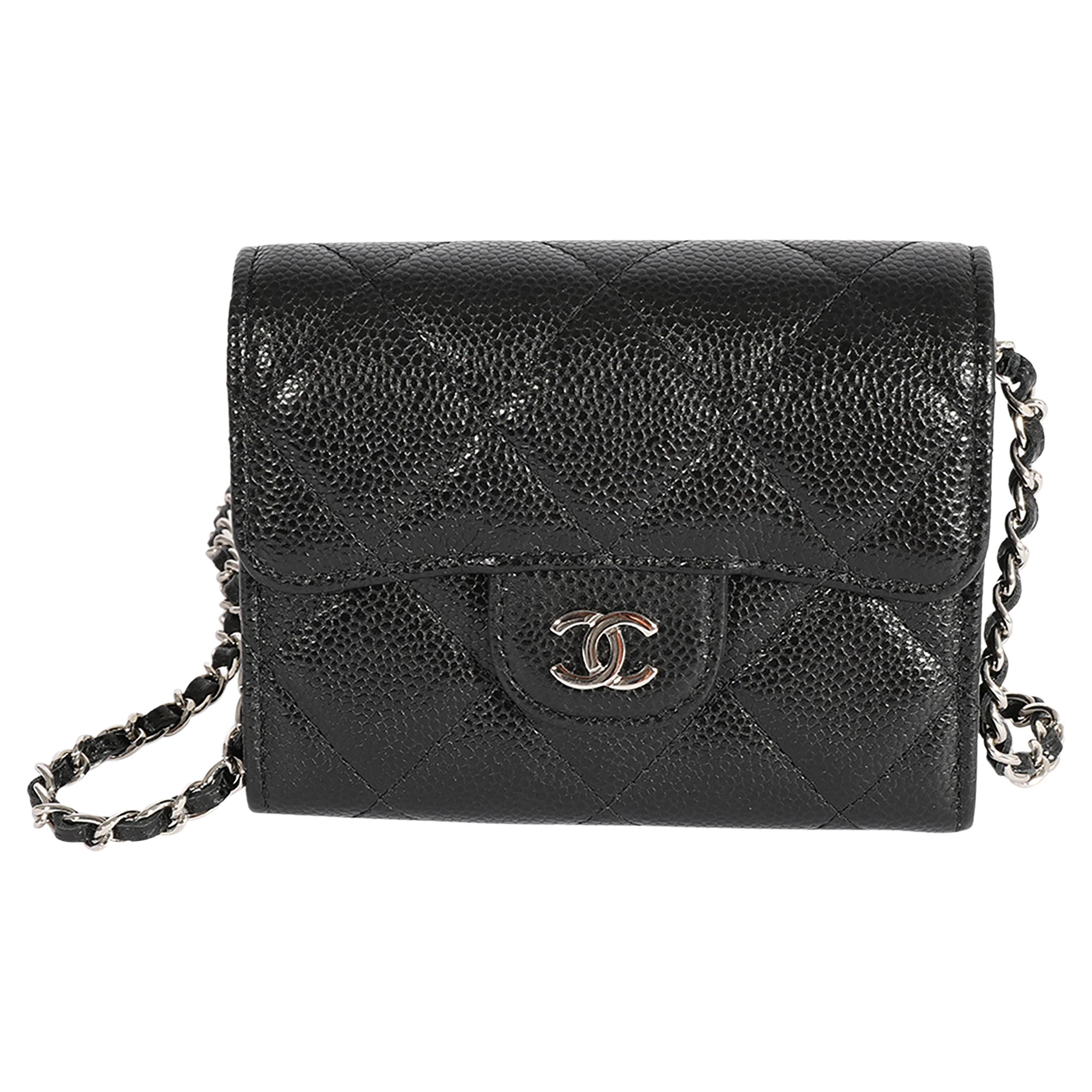 Chanel Black Quilted Caviar Mini Flap Card Holder On Chain For Sale at  1stDibs