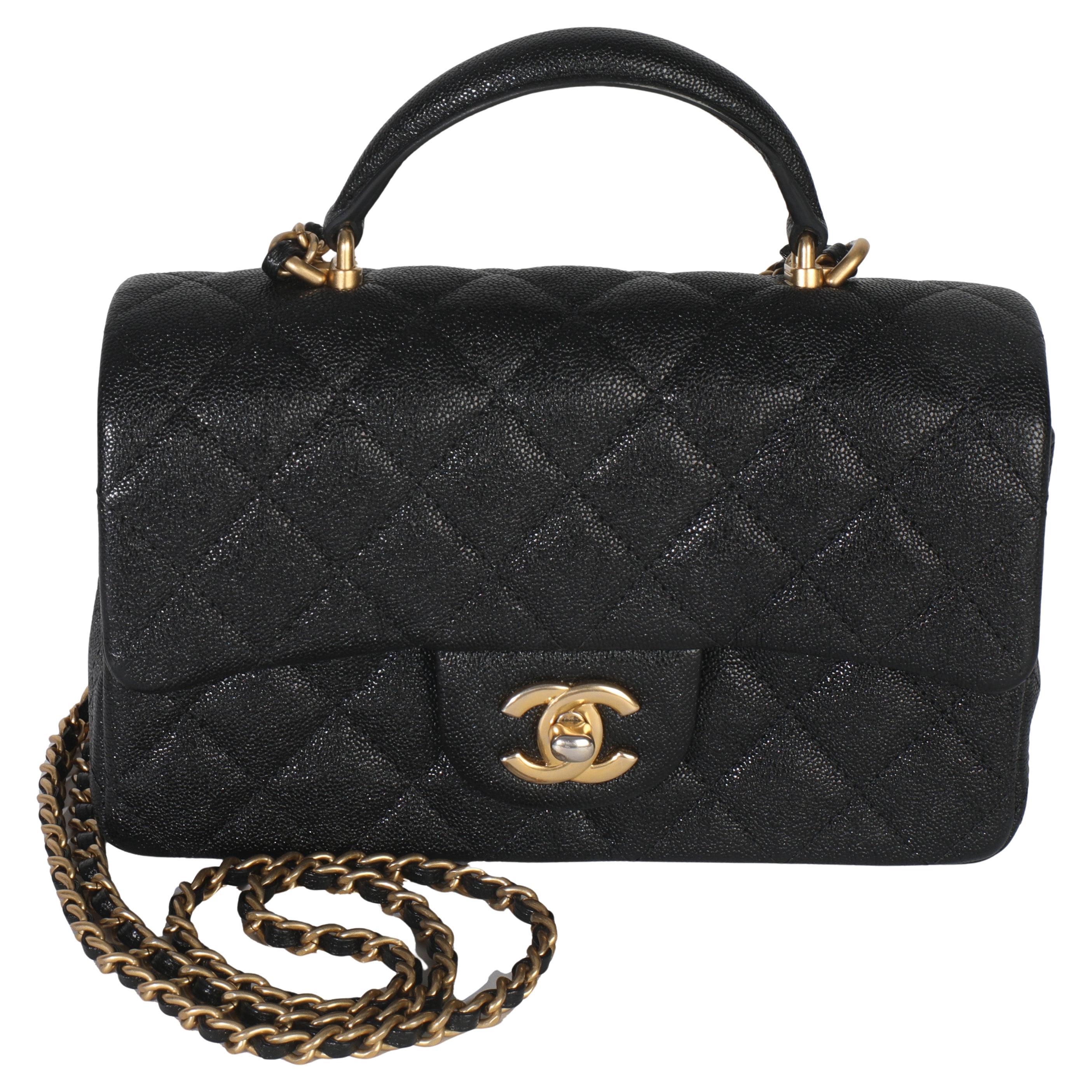 Chanel Black Quilted Caviar Mini Top Handle Rectangular Flap Handbag For Sale