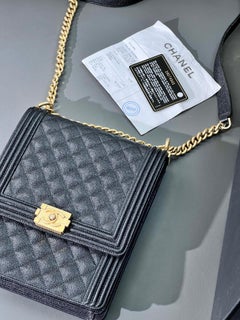 Chanel Black Quilted Caviar North-South Boy Bag with Aged Gold Hardware