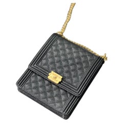 Chanel Black Quilted Caviar North-South Boy Bag with Aged Gold Hardware